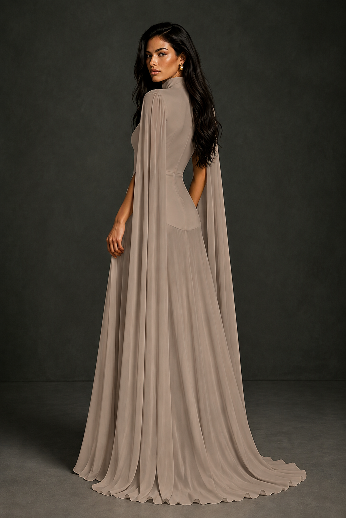 BOLODOO Taupe Mock Neck Cape Sleeve A-Line Chiffon Maxi Dress - Taupe