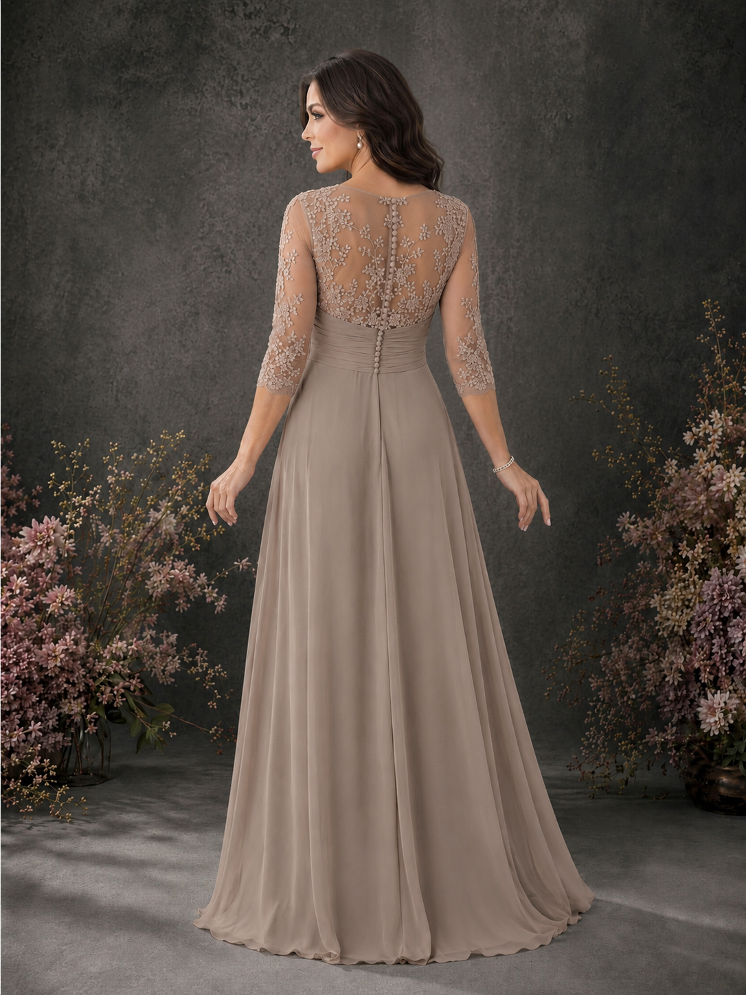 BOLODOO Taupe Chiffon Lace Illusion Neckline 3/4 Sleeve Floor Length Formal Gown - Taupe