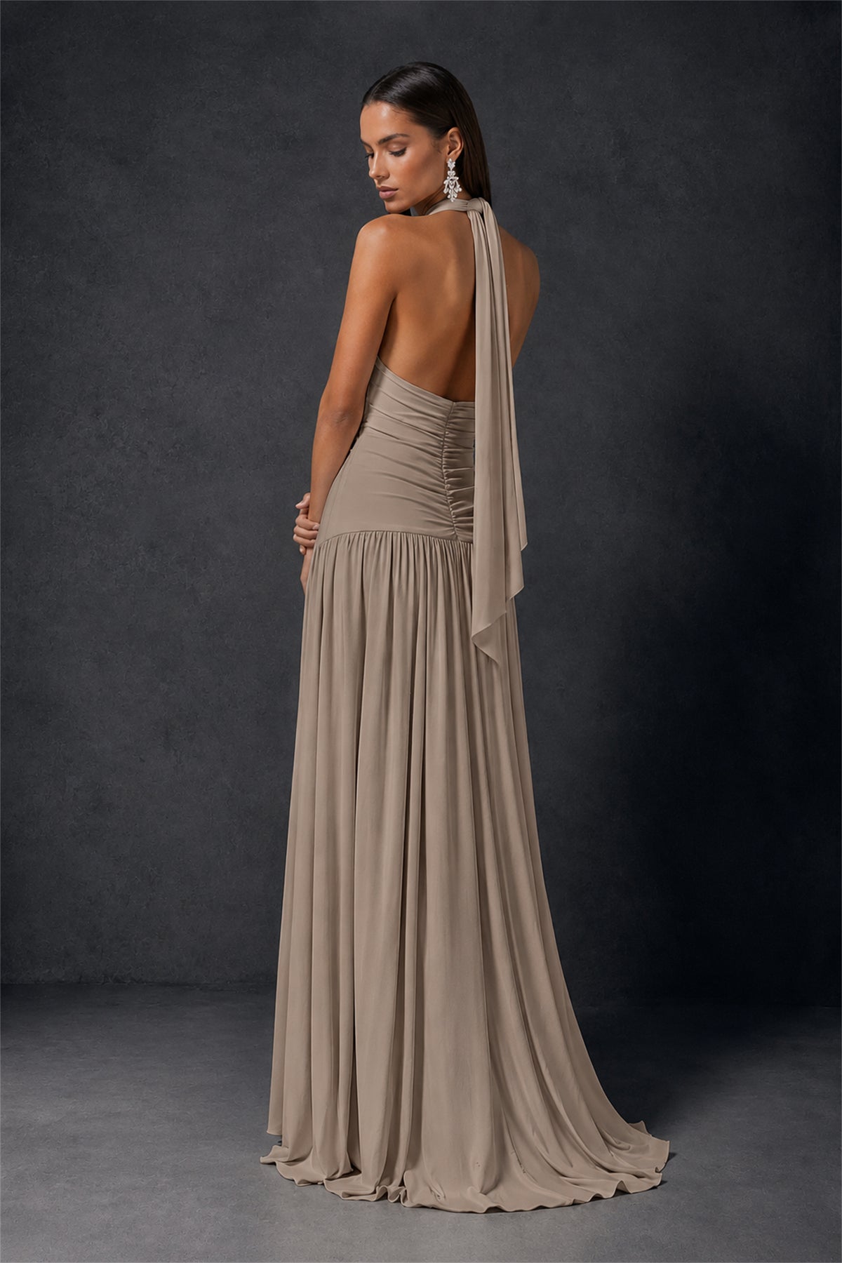 BOLODOO Taupe Halter Deep V-Neck Ruched Chiffon Open Back Maxi Dress with Draped Neck Tie - Taupe