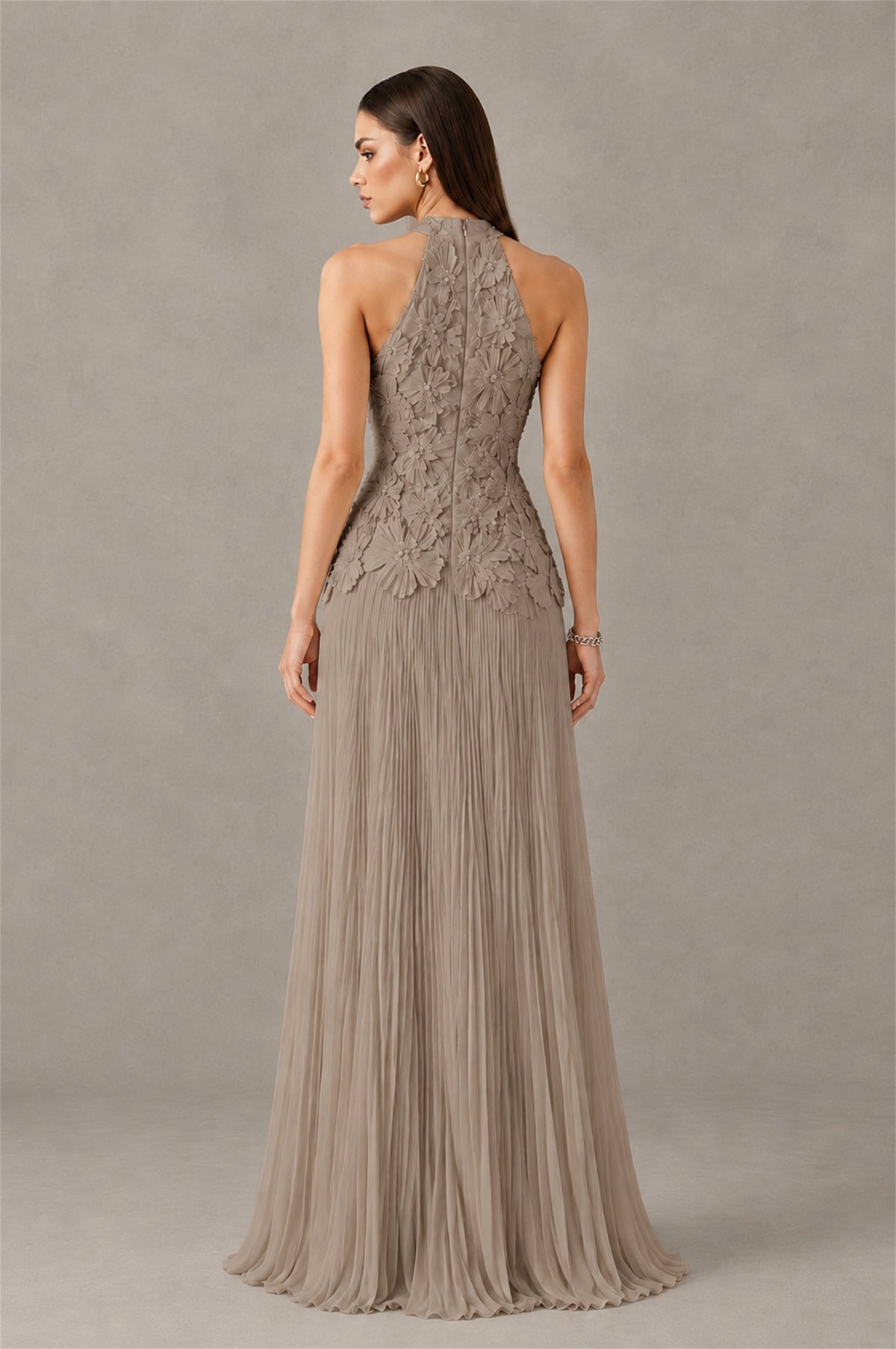 BOLODOO Taupe 3D Floral Applique Halter Neck Open Back Pleated Maxi Dress - Taupe