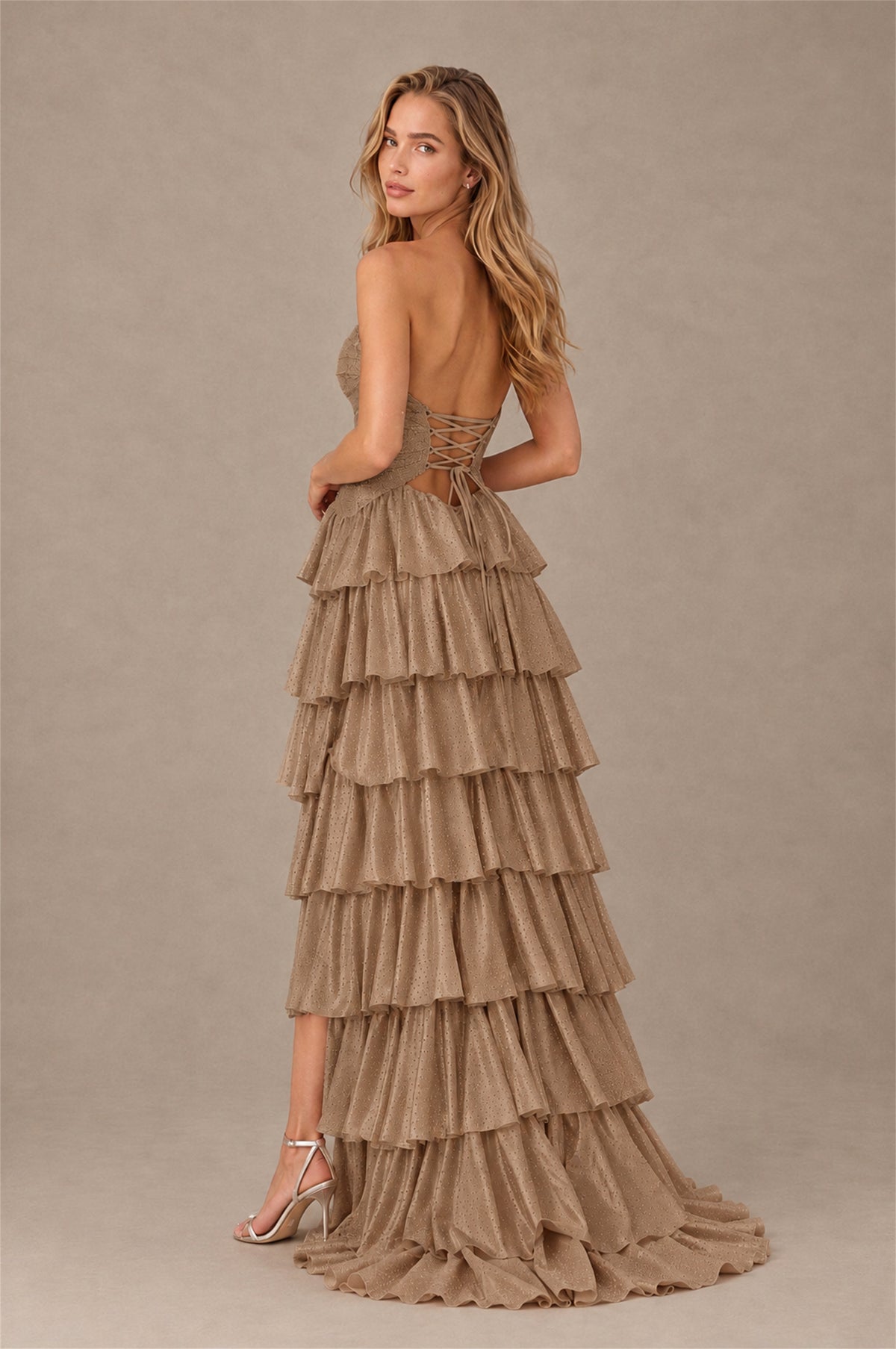 BOLODOO Taupe Strapless Cutout Tiered Ruffle Prom Dress with High Slit - Taupe - Taupe (2)
