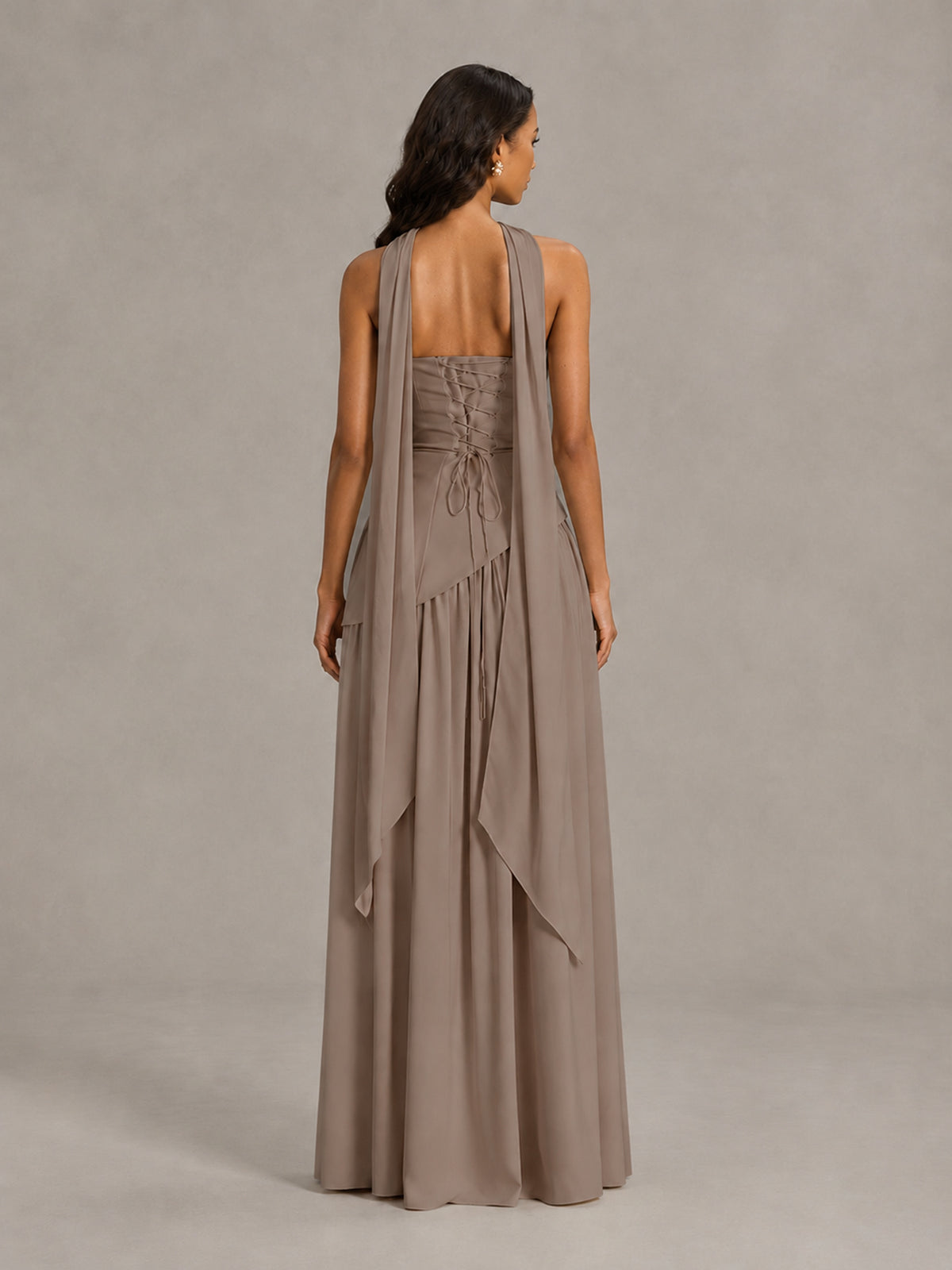 Taupe Strapless Bridesmaid Dress with Scarf & High Slit - Taupe - Taupe (2)