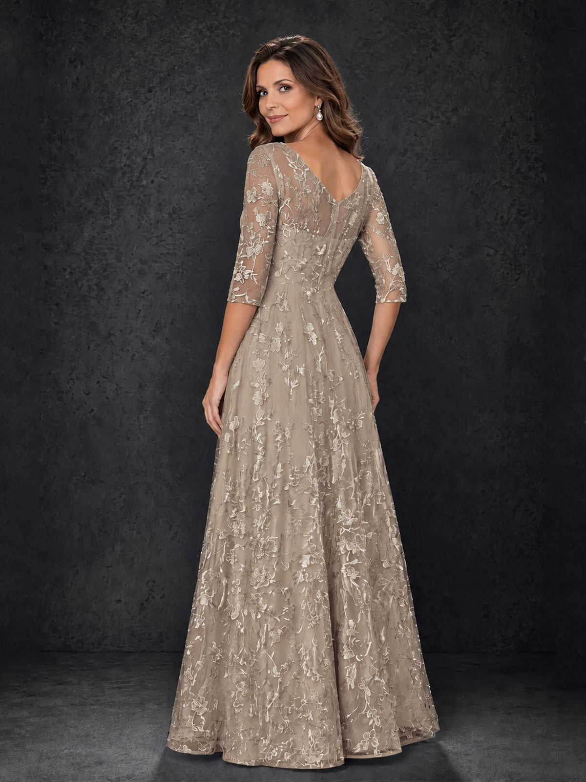 BOLODOO Taupe Illusion Bateau Neck 3/4 Sleeve Floral Lace A-Line Mother of the Bride Dress MX007 - Taupe
