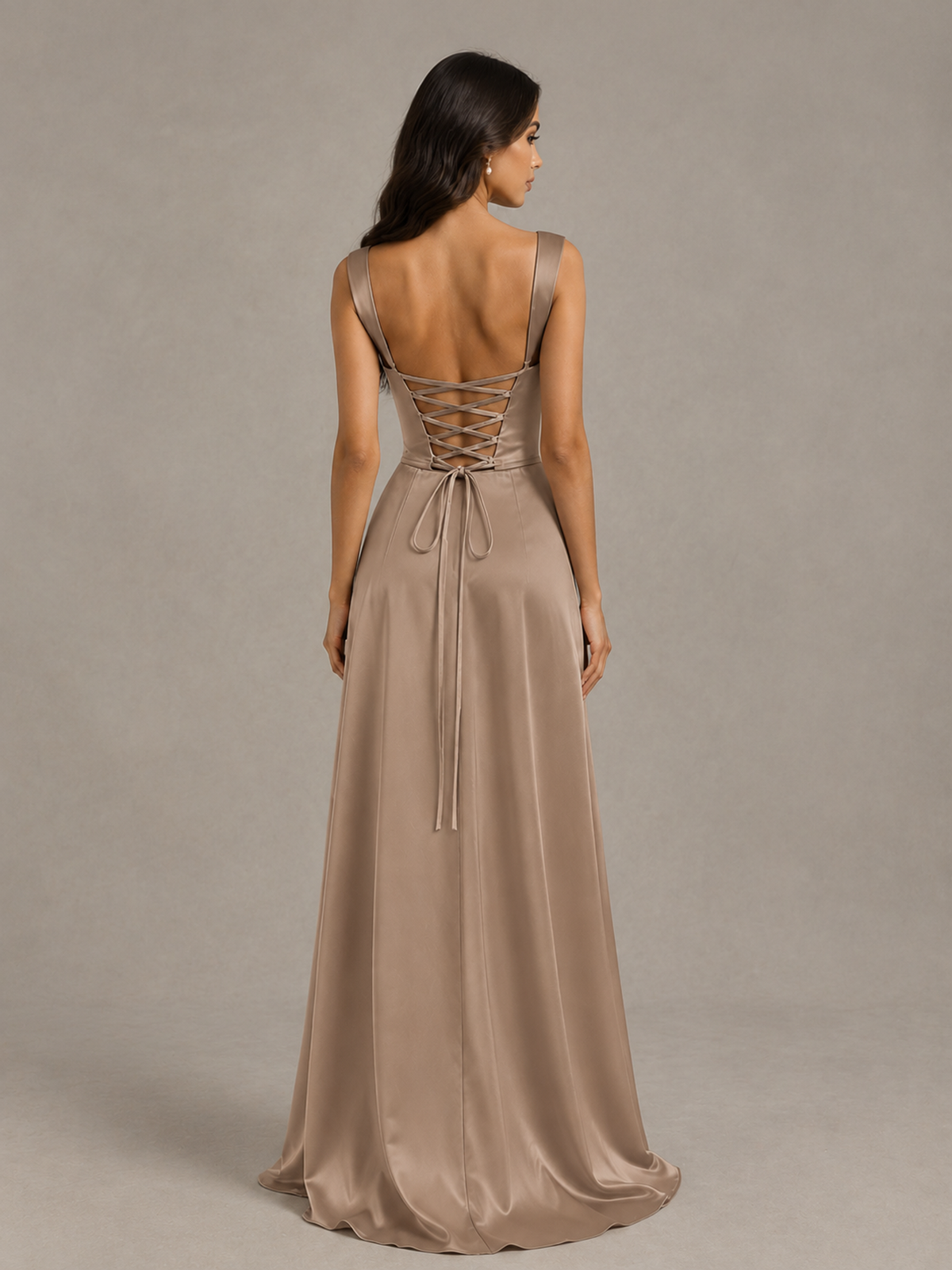 BOLODOO Taupe Satin Lace-Up Bridesmaid Dress with Slit - Taupe - Taupe (2)
