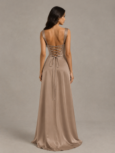 BOLODOO Taupe Satin Lace-Up Bridesmaid Dress with Slit - Taupe - Taupe (2)