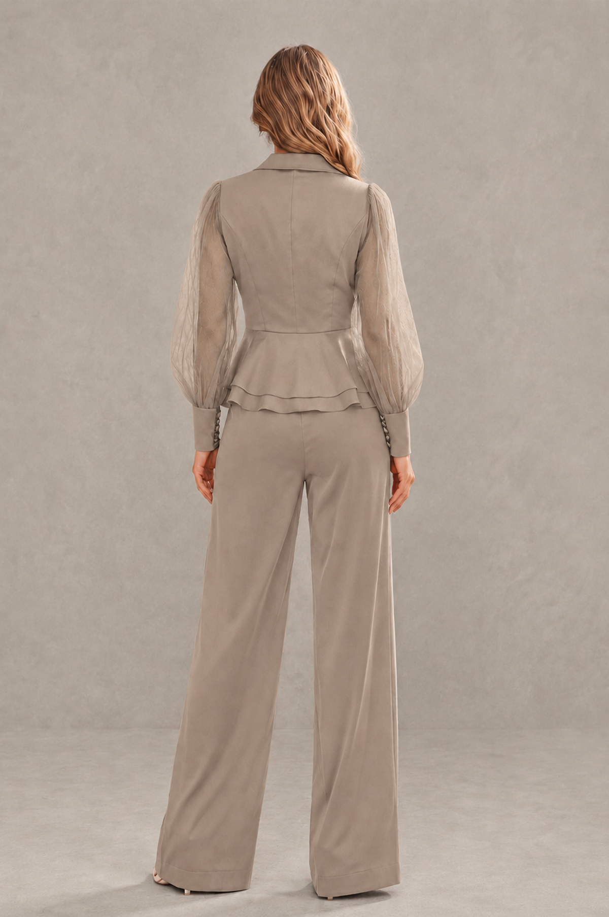 BOLODOO Mint Taupe Peplum Blazer Wide-Leg Pantsuit with Sheer Puff Sleeves - Taupe