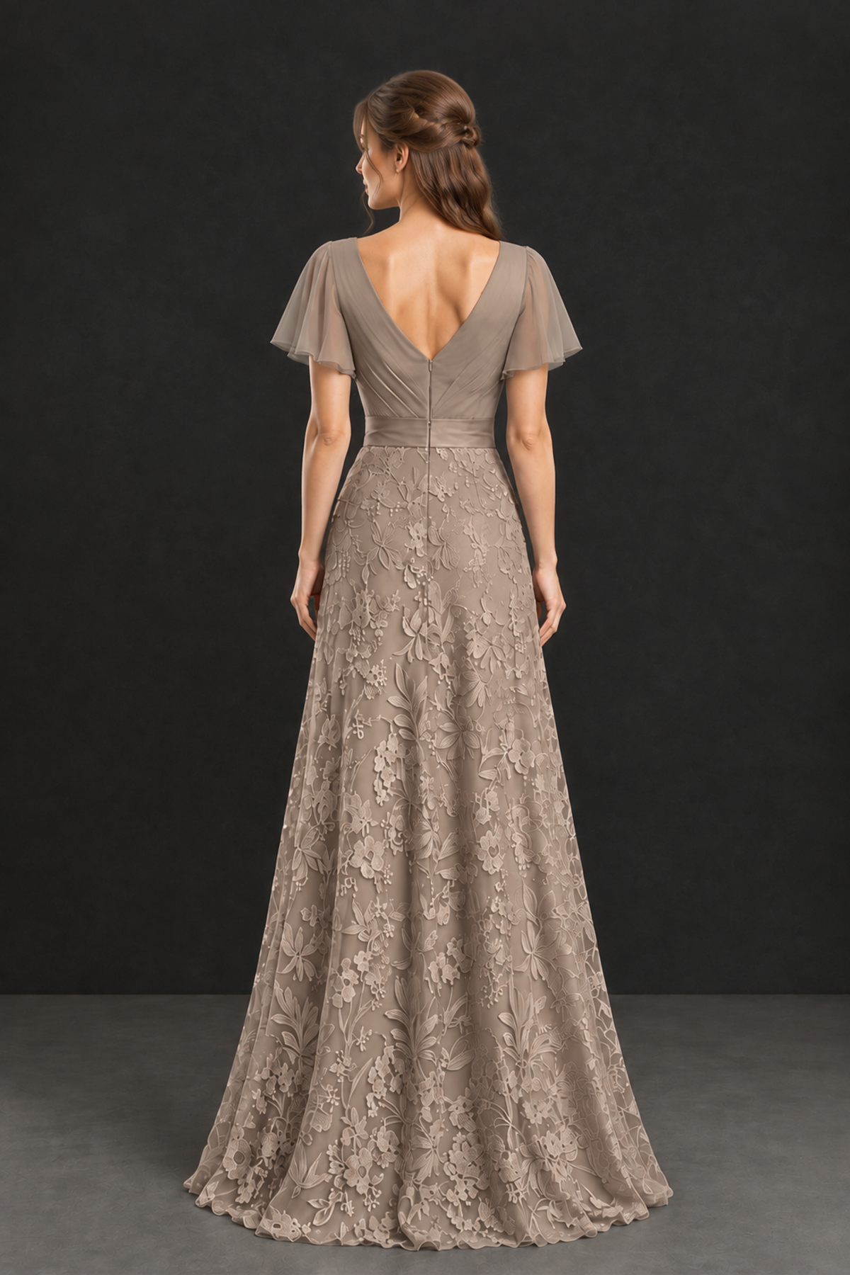 BOLODOO Taupe Flutter Sleeve Lace Mother of the Bride Dress - Taupe