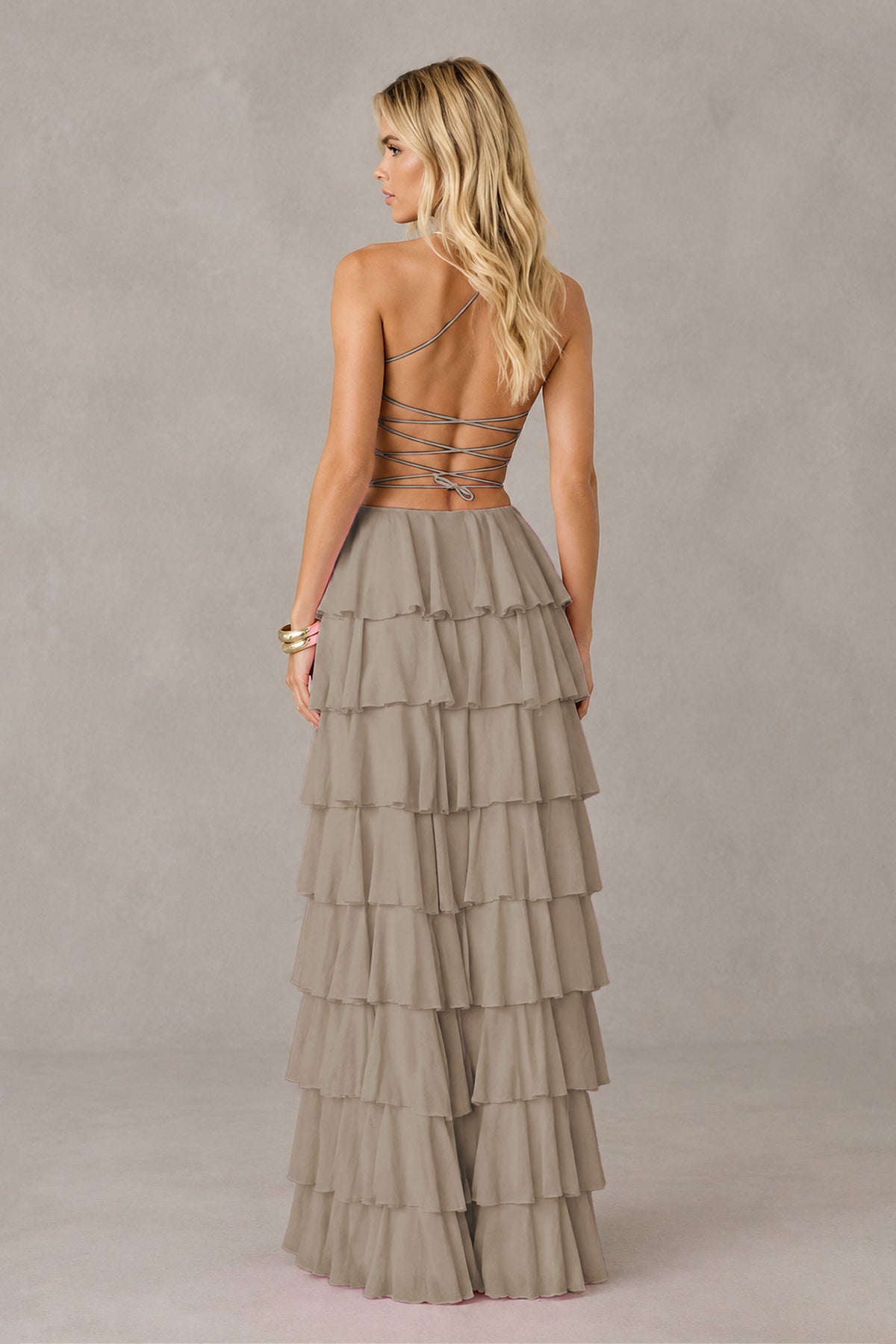 BOLODOO Taupe Strapless Tiered Ruffle Maxi Dress with Slit & Lace-Up Back - Taupe