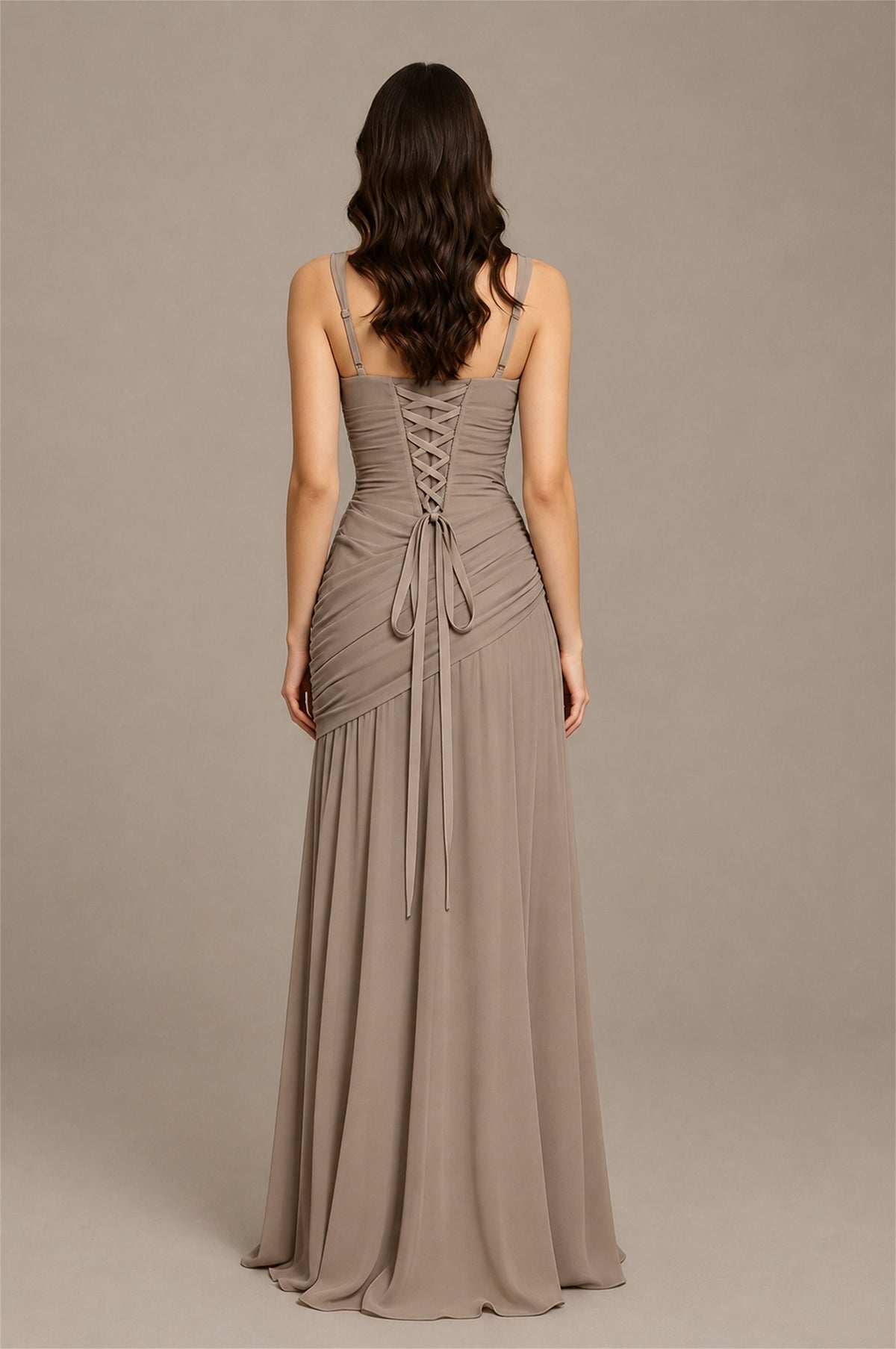 BOLODOO Taupe Spaghetti Strap Ruched Maxi Dress – Formal Evening Gown with Slit - Taupe