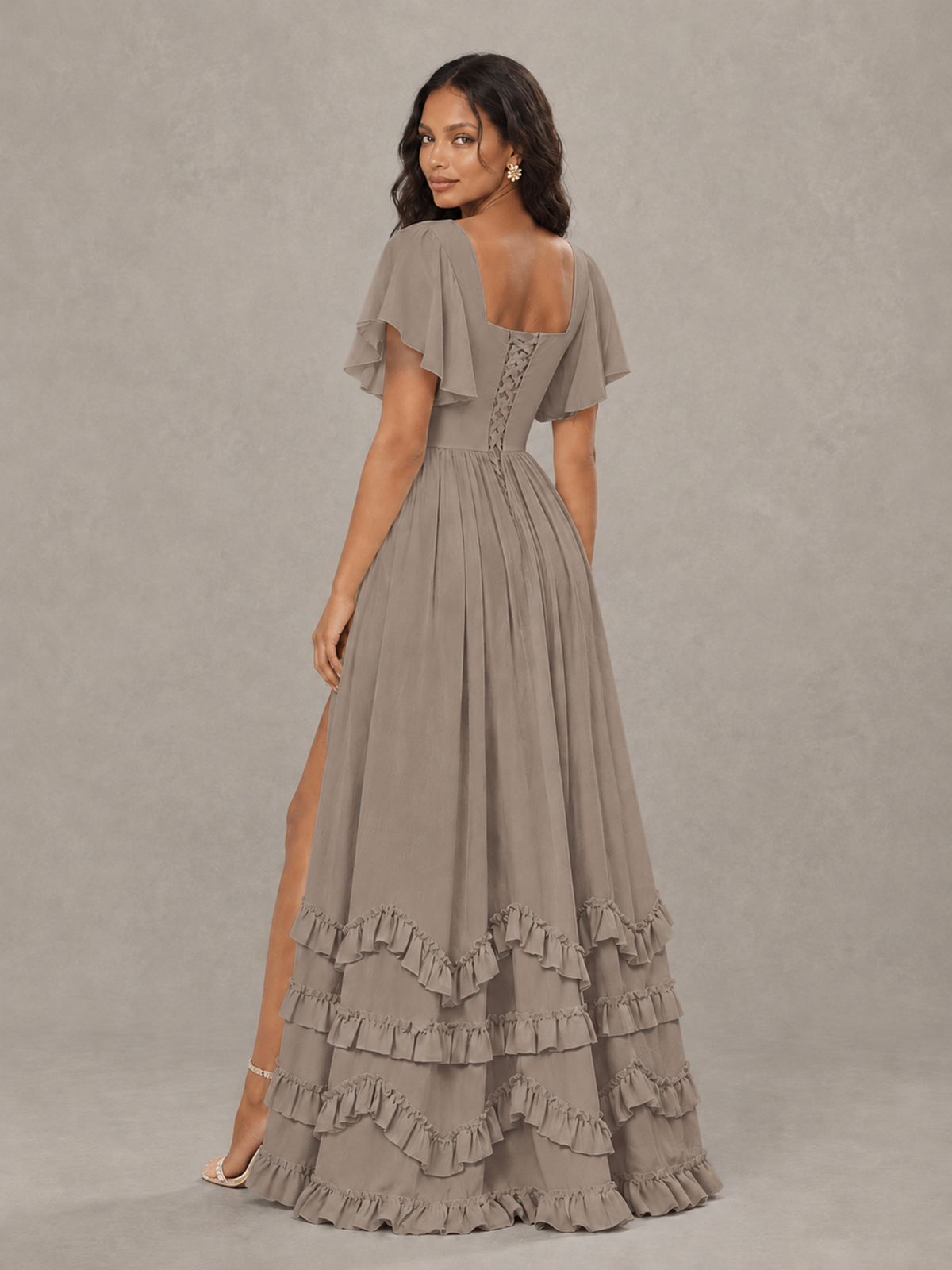 BOLODOO Taupe V-Neck Flutter Sleeve Ruffle Bridesmaid Dress with Slit - Taupe - Taupe (2)