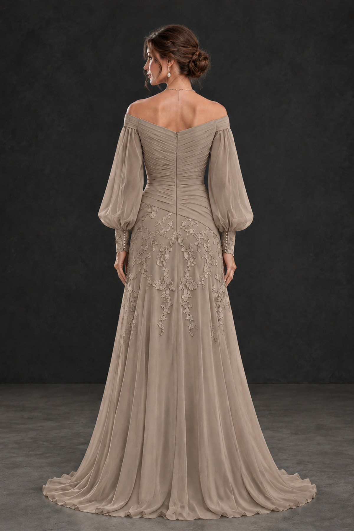 BOLODOO Taupe Long Sleeve Mother of the Bride Dress with Floral Appliqués - Taupe - Taupe (2)