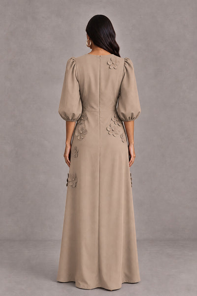 BOLODOO Taupe Floral Applique Puff Sleeve A-Line Evening Dress - Taupe - Taupe (2)