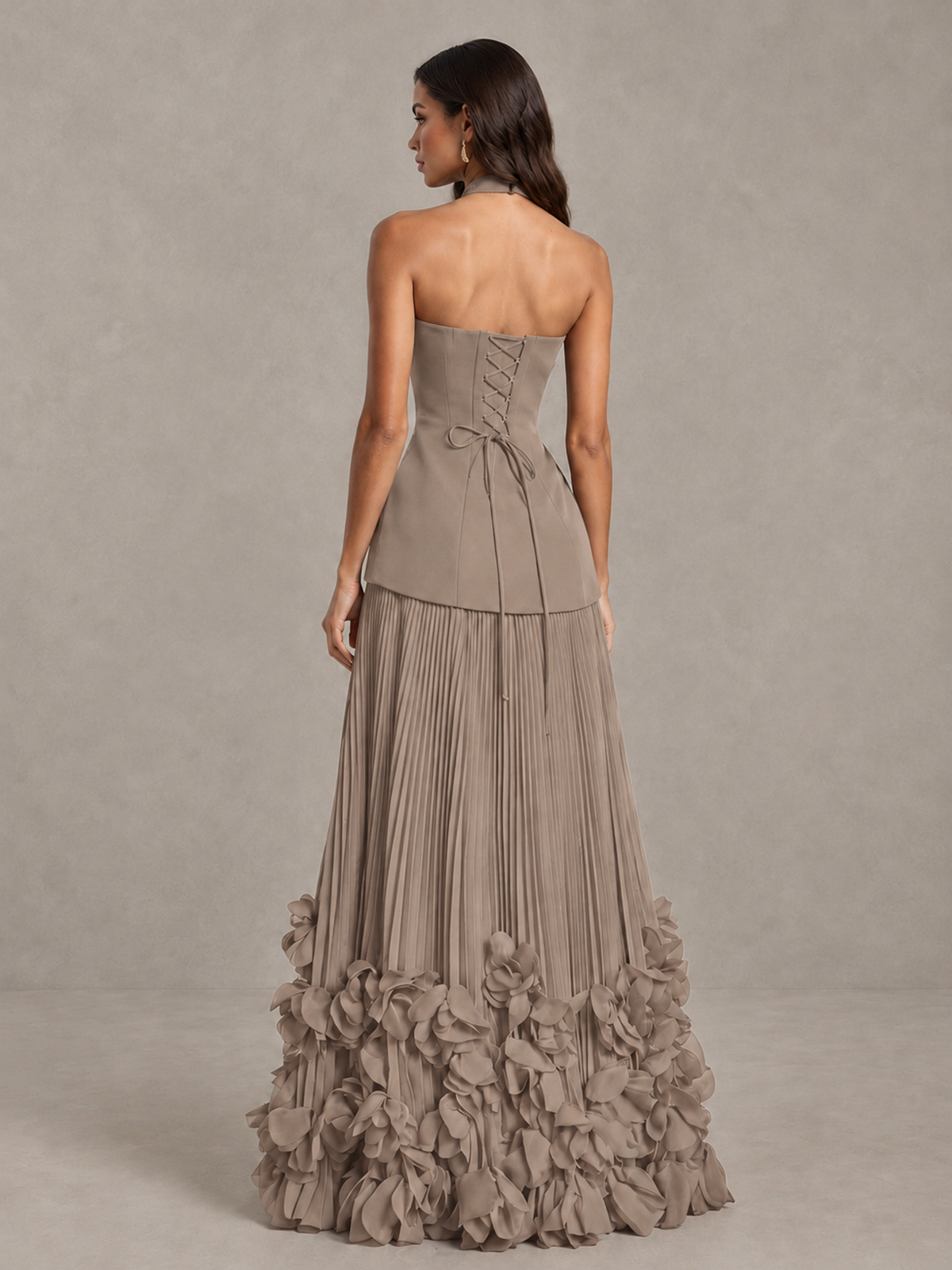 BOLODOO Taupe Halter Neck Floor-Length Evening Gown with High Slit & 3D Floral Hem - Taupe - Taupe (2)
