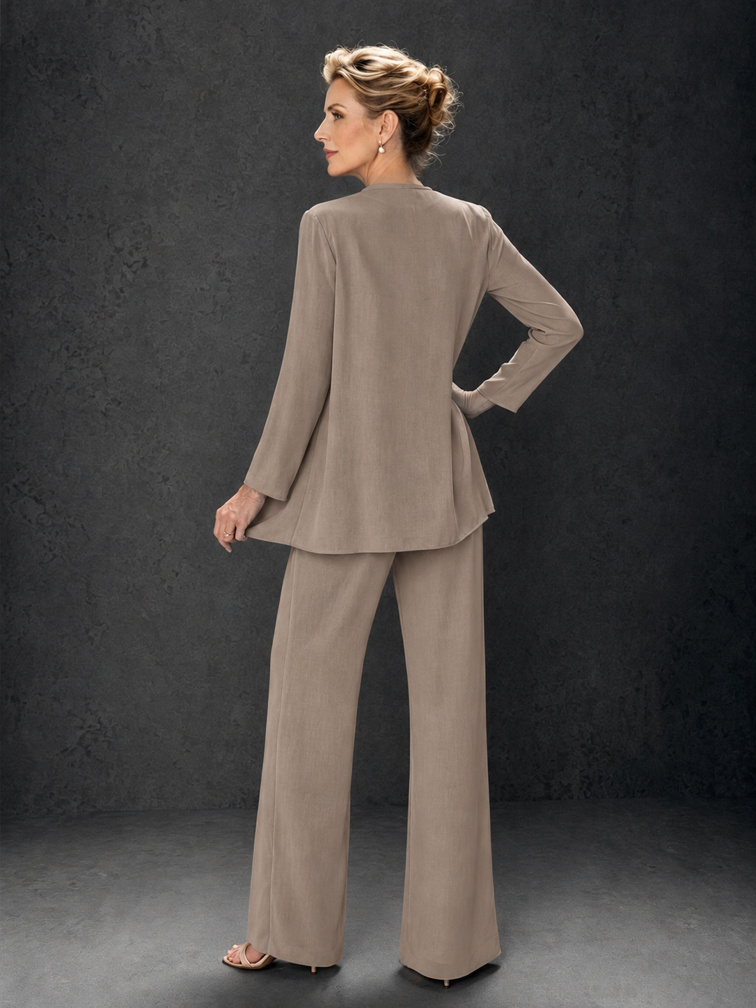 BOLODOO Taupe 3-Piece Mother of the Bride Pant Suit with Beaded Top & Chiffon Jacket - Taupe