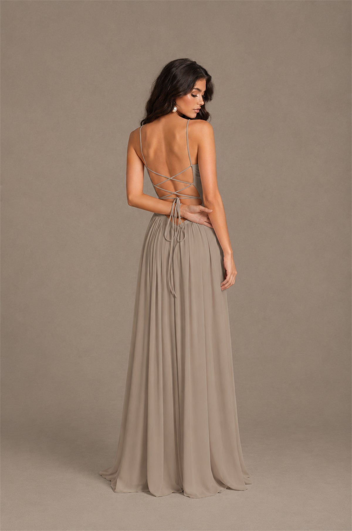 BOLODOO Taupe Spaghetti Strap Square Neck Ruched Chiffon Maxi Dress with Lace-Up Back - Taupe
