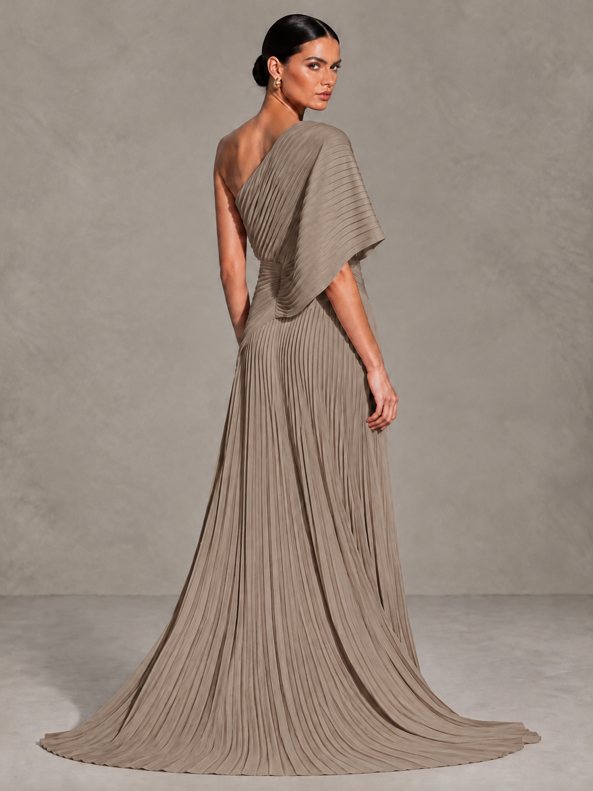 BOLODOO Taupe One-Shoulder Pleated Cape Evening Gown with Train - Taupe - Taupe (2)