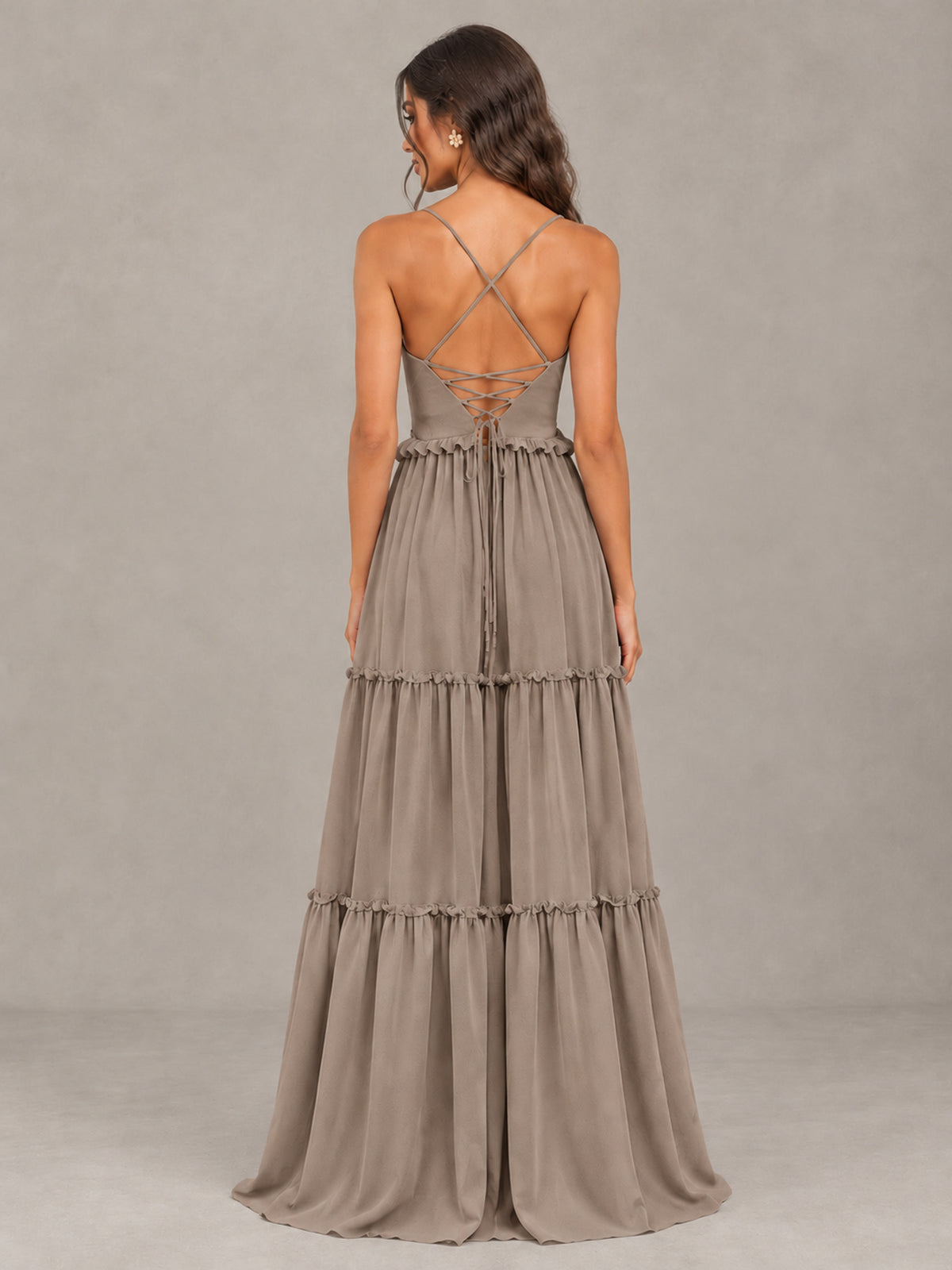 BOLODOO Taupe Tiered V-Neck Lace-Up Back Bridesmaid Dress - Taupe - Taupe (2)