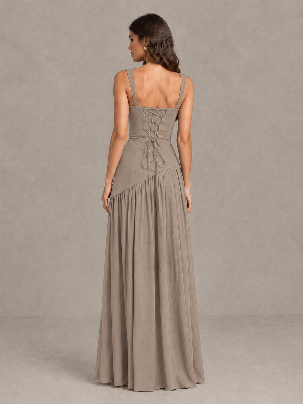 BOLODOO Taupe Brown Scarf Bridesmaid Dress with Lace-Up Back - Taupe - Taupe (2)