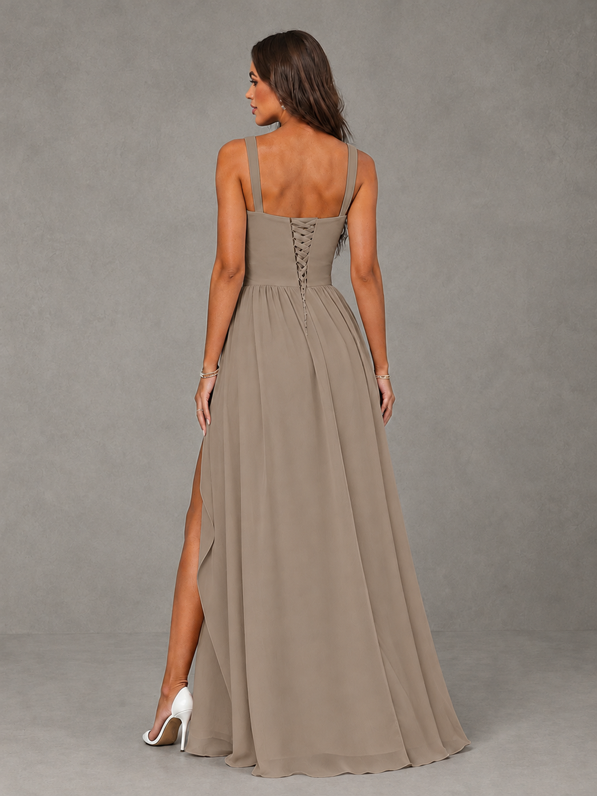 BOLODOO Taupe A-Line Bridesmaid Dress with High Slit & Lace-Up Back - Taupe - Taupe (2)