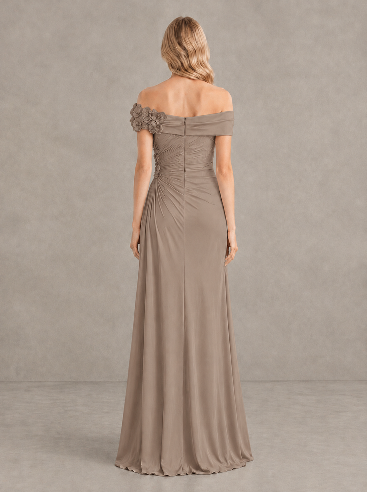 BOLODOO Taupe Off-Shoulder Floral Applique Wedding Guest Maxi Dress - Taupe - Taupe (2)