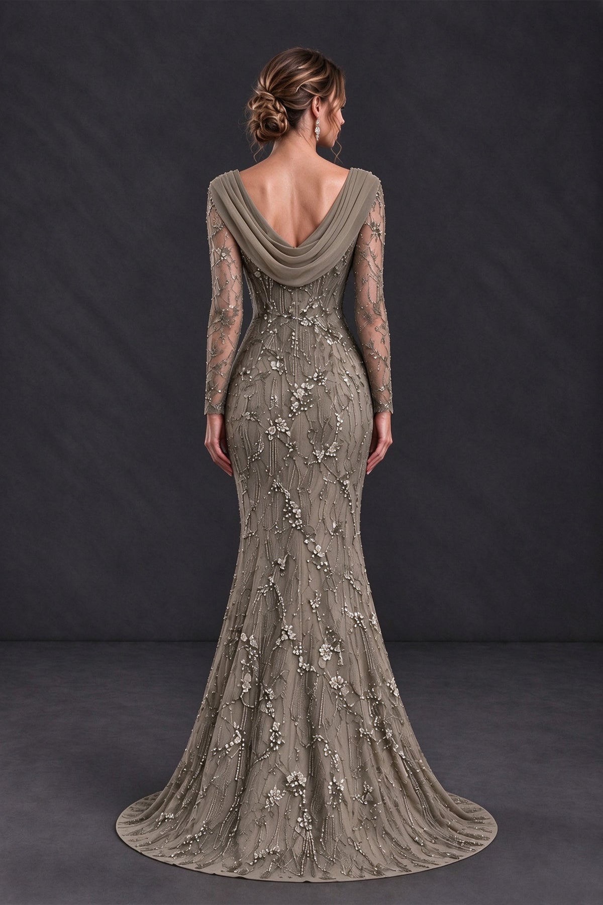 BOLODOO Taupe Long Sleeve Embellished Mother of the Bride Dress with Cowl Neck - Taupe - Taupe (2)