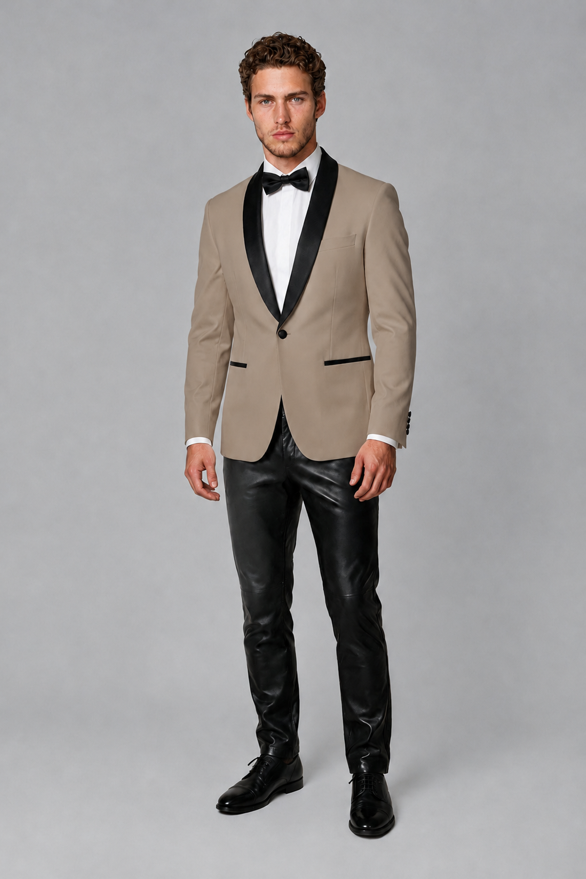 BOLODOO Men's Taupe Tuxedo Blazer | Black Shawl Lapel Single-Breasted Formal Jacket - Taupe - Taupe (2)