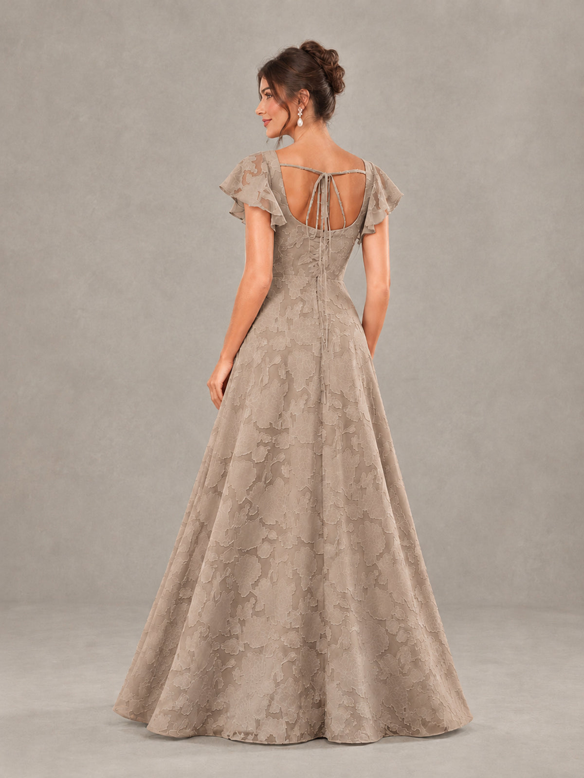 BOLODOO Taupe Floral Flutter Sleeve Bridesmaid Dress with Slit - Taupe - Taupe (2)