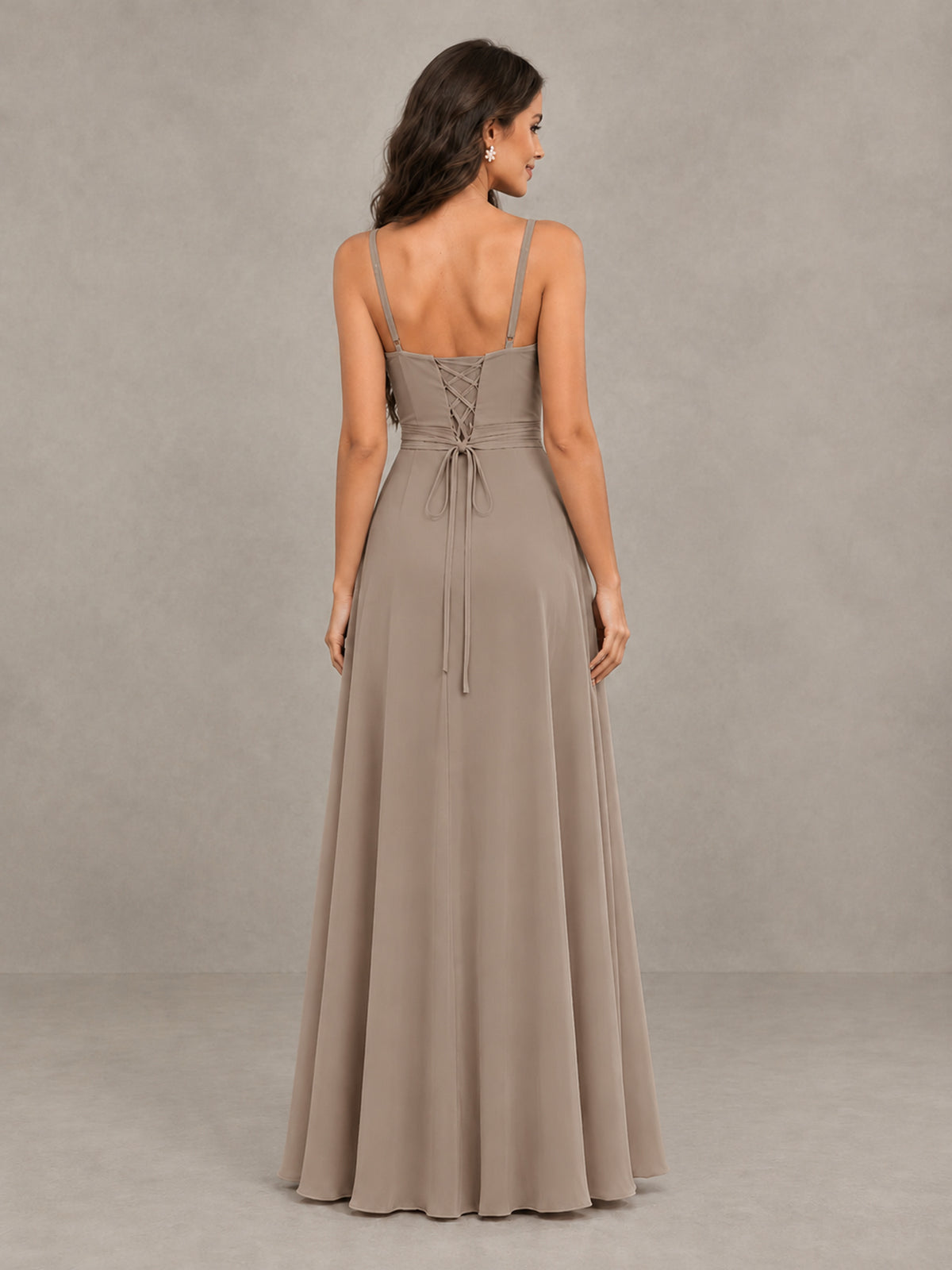 BOLODOO Taupe Spaghetti Strap Ruffle Bridesmaid Dress with Slit - Taupe - Taupe (2)