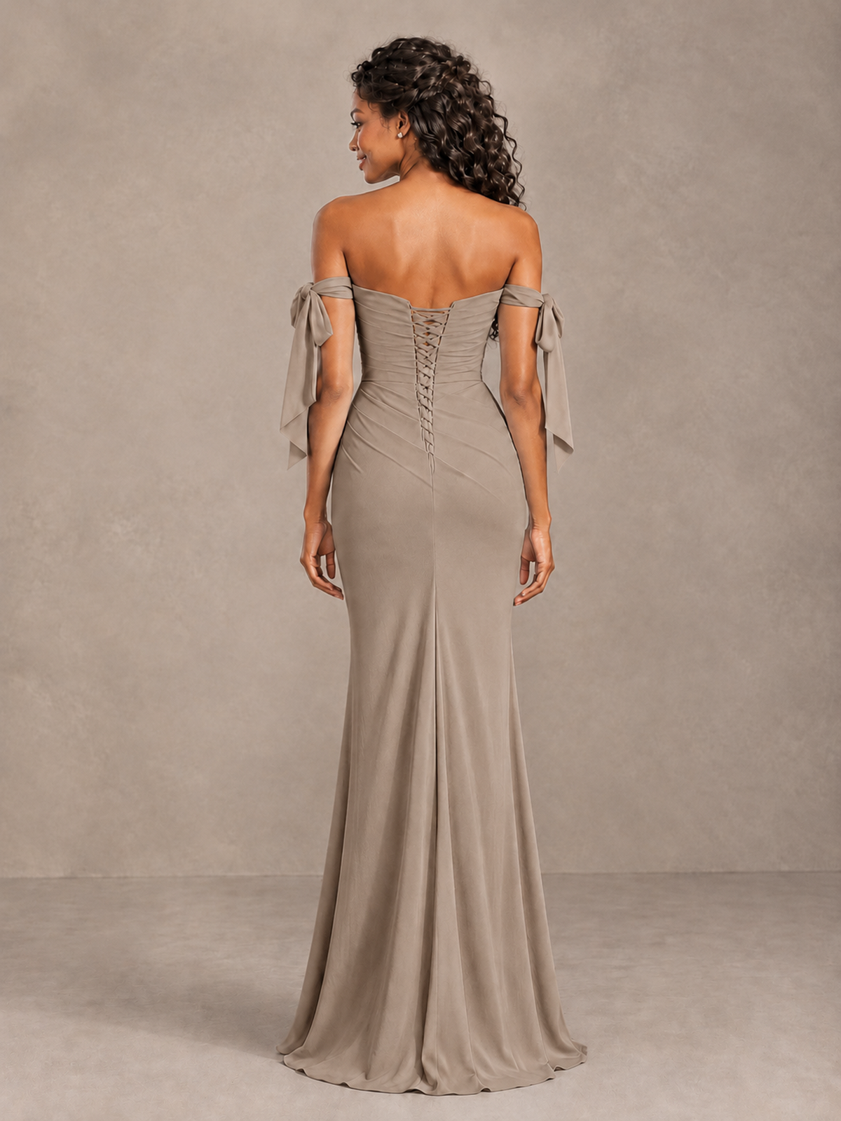 Taupe Off-Shoulder Bow Bridesmaid Dress with Slit - Taupe - Taupe (2)