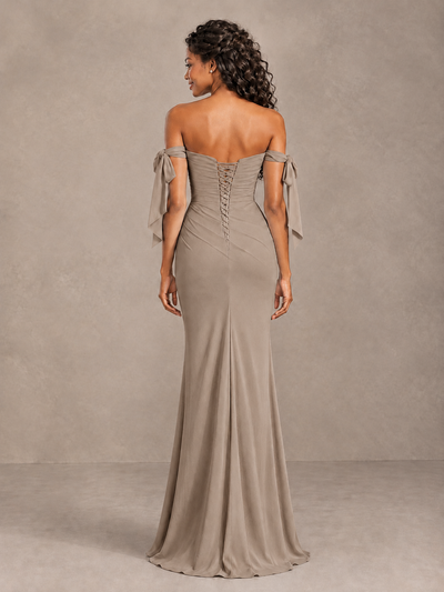 Taupe Off-Shoulder Bow Bridesmaid Dress with Slit - Taupe - Taupe (2)