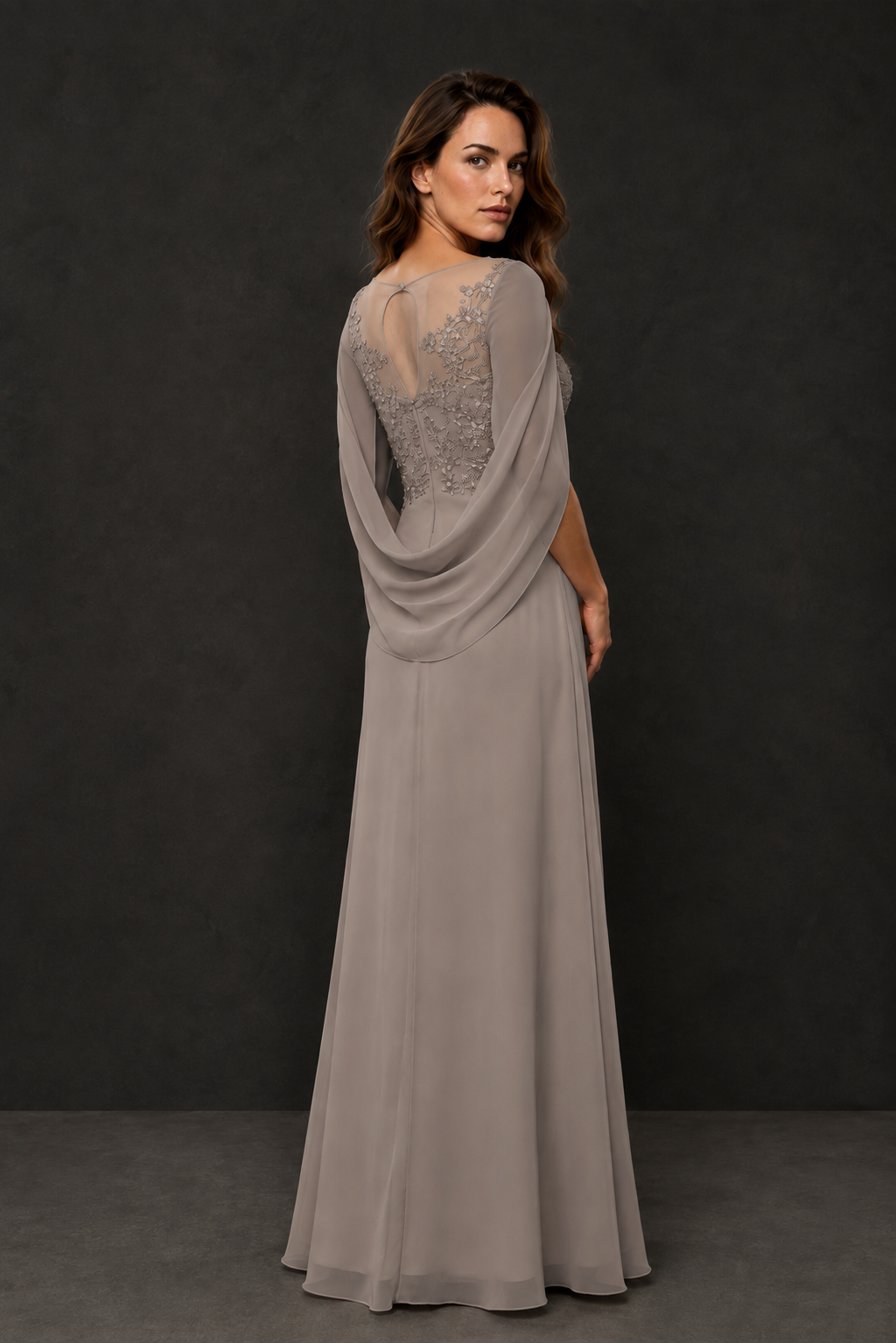 BOLODOO Taupe Illusion Lace One-Side Cape Sleeve Beaded Chiffon Floor Length Gown | Mother of the Bride Evening Dress - Taupe