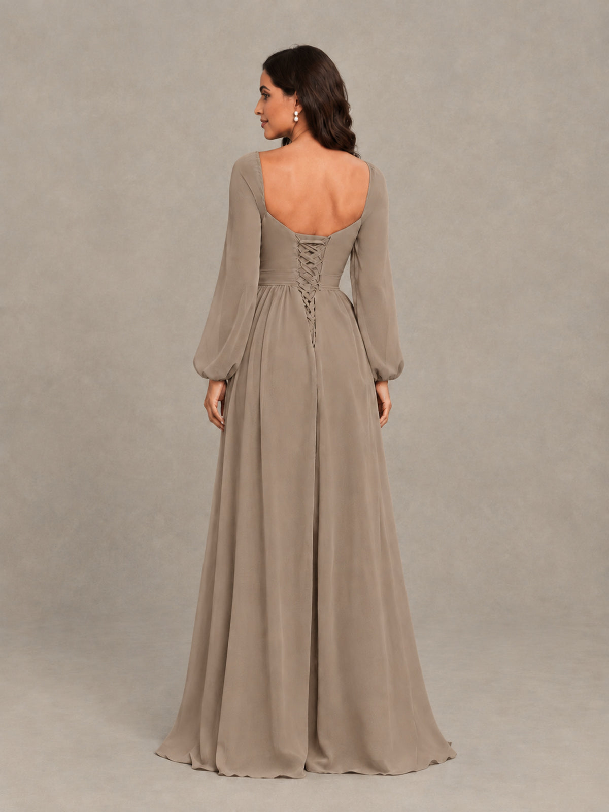 BOLODOO Taupe Long Sleeve Chiffon Bridesmaid Dress with Slit - Taupe - Taupe (2)