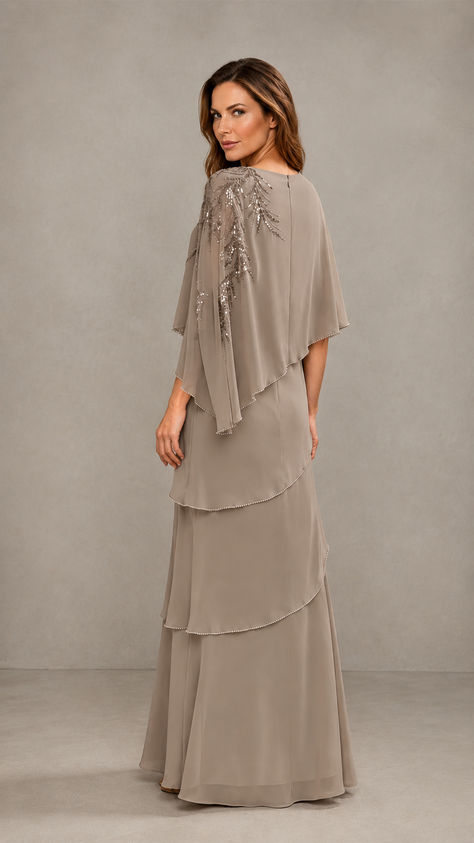 BOLODOO Taupe Mocha Asymmetric Cape Sleeve Taupe Sequin Embroidered Pearl Trim Tiered Chiffon Gown - Taupe