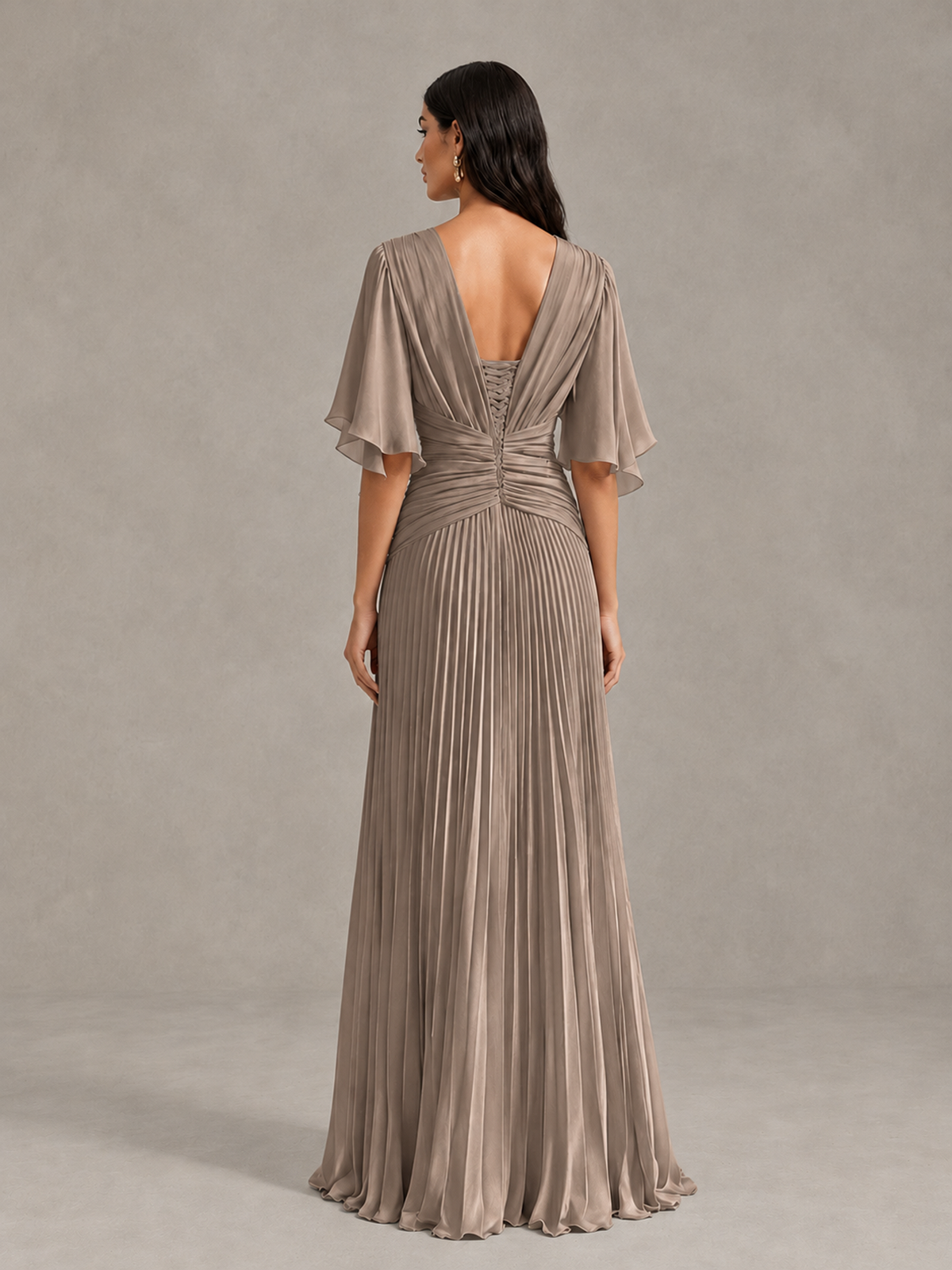 BOLODOO Taupe Pleated V-Neck Flutter Sleeve Bridesmaid Dress - Taupe - Taupe (2)