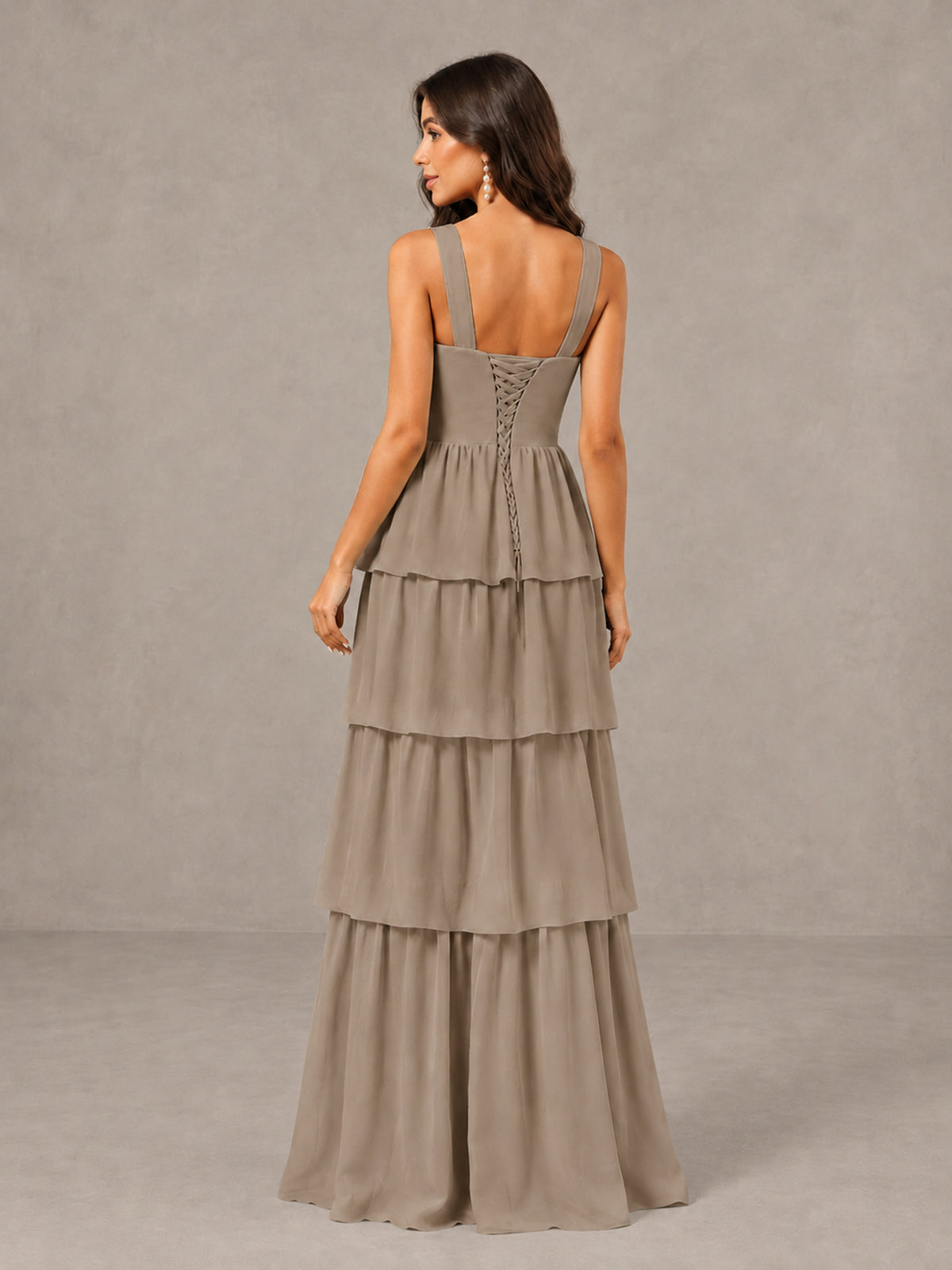 BOLODOO Taupe Square Neck Tiered Bridesmaid Dress with Slit - Taupe - Taupe (2)