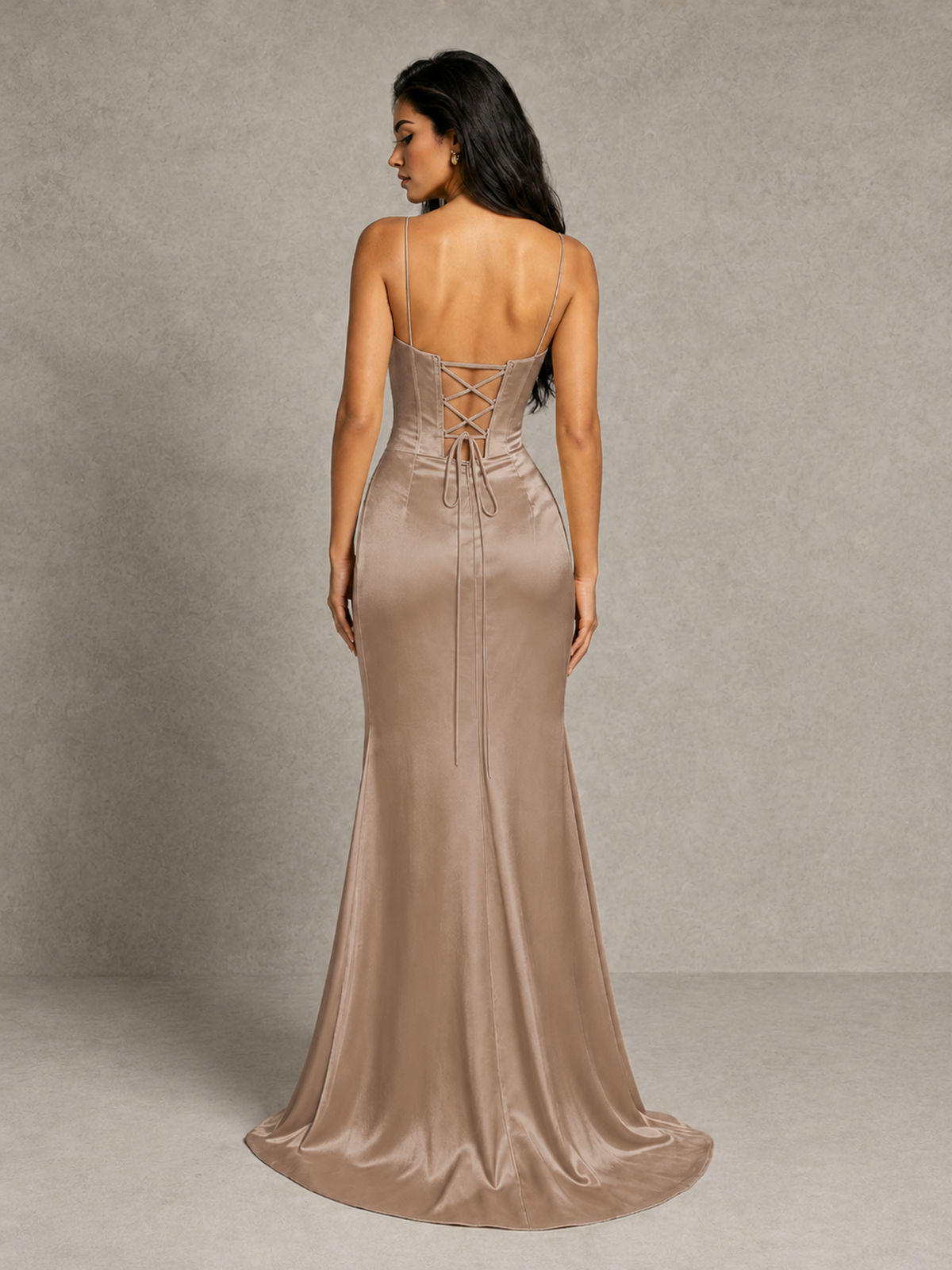BOLODOO Taupe Satin Corset Prom Dress with High Slit & Lace-Up Back - Taupe - Taupe (2)