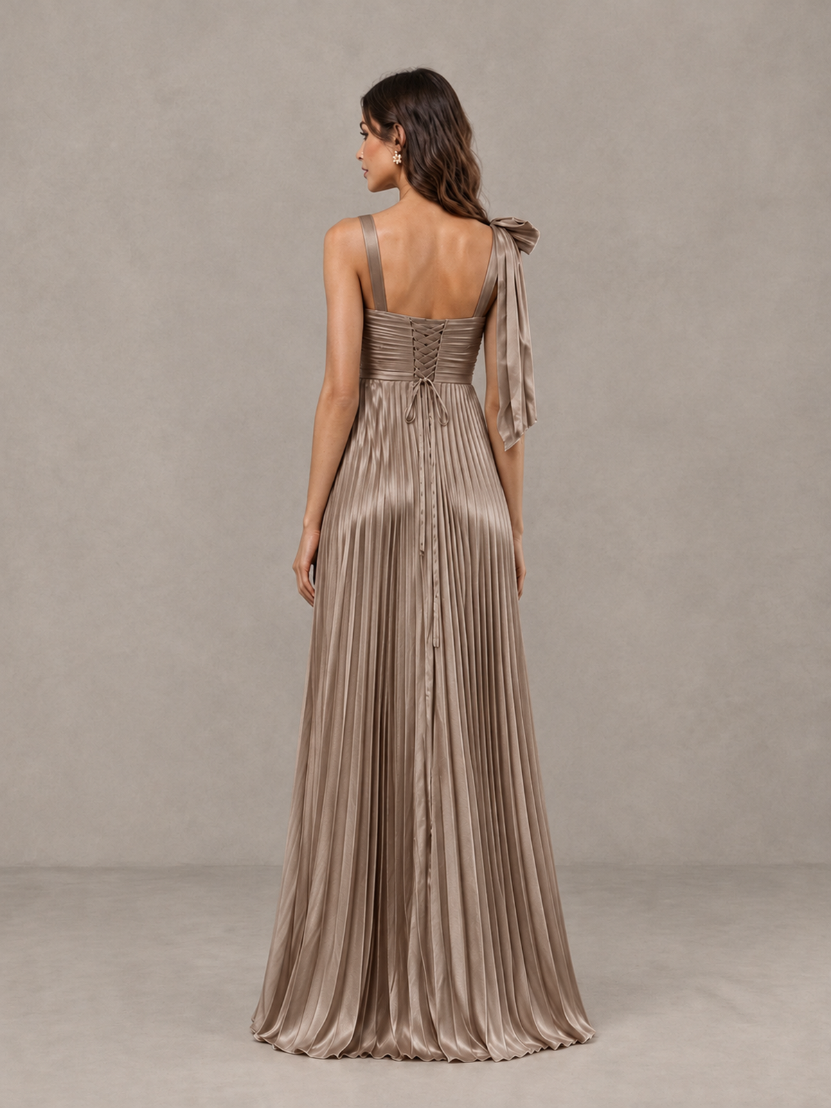 BOLODOO Taupe Pleated Bow-Strap Bridesmaid Maxi Dress - Taupe - Taupe (2)