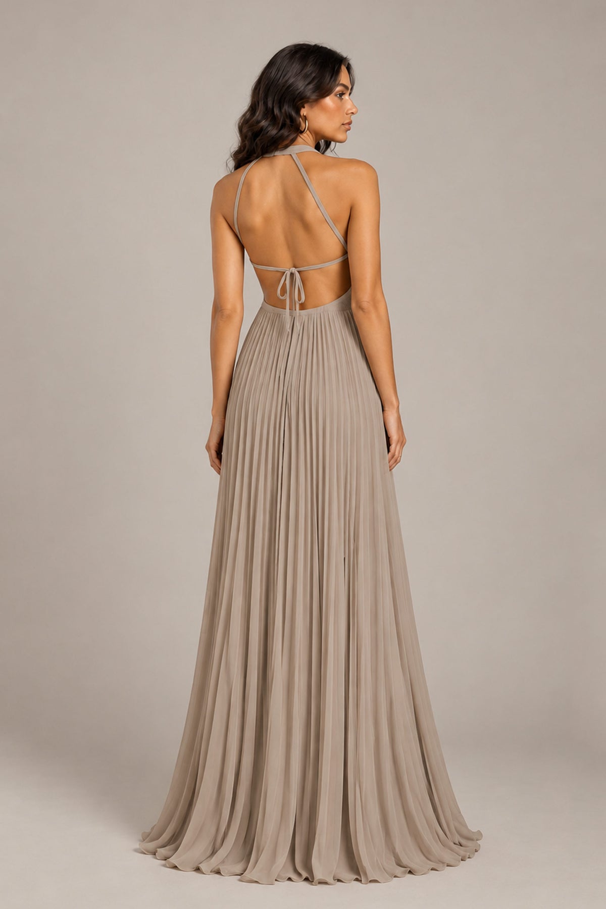 BOLODOO Taupe Halter Neck Pleated Chiffon Maxi Dress with Side Slit - Taupe