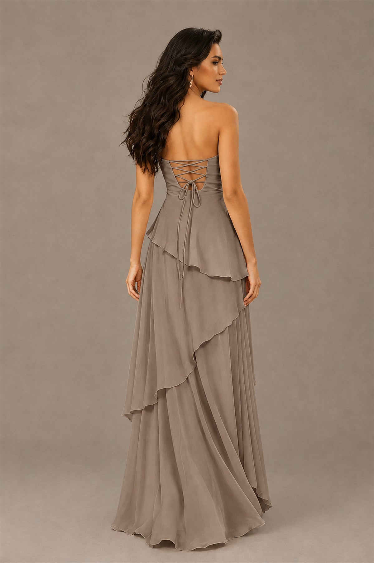 BOLODOO Taupe Strapless Sweetheart Knotted Chiffon Tiered Maxi Dress with Lace-Up Back - Taupe