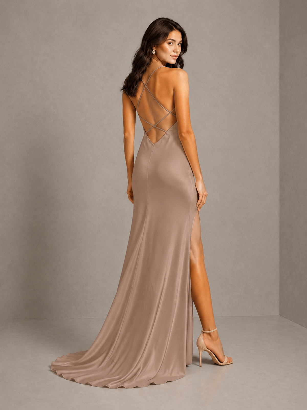 BOLODOO Taupe Satin Cowl Neck Bridesmaid Dress with Open Back & Side Slit - Taupe - Taupe (2)
