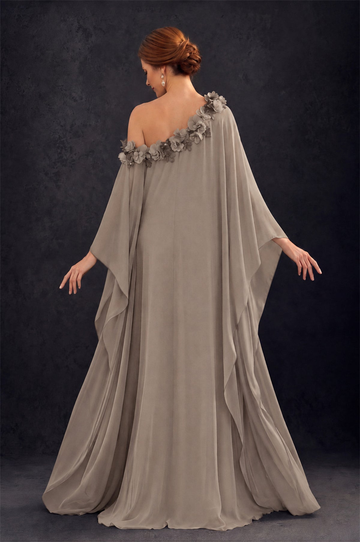 BOLODOO Taupe 2-Piece Set: Off-Shoulder 3D Floral Cape Gown & One-Shoulder Wide-Leg Jumpsuit | BD0373 - Taupe