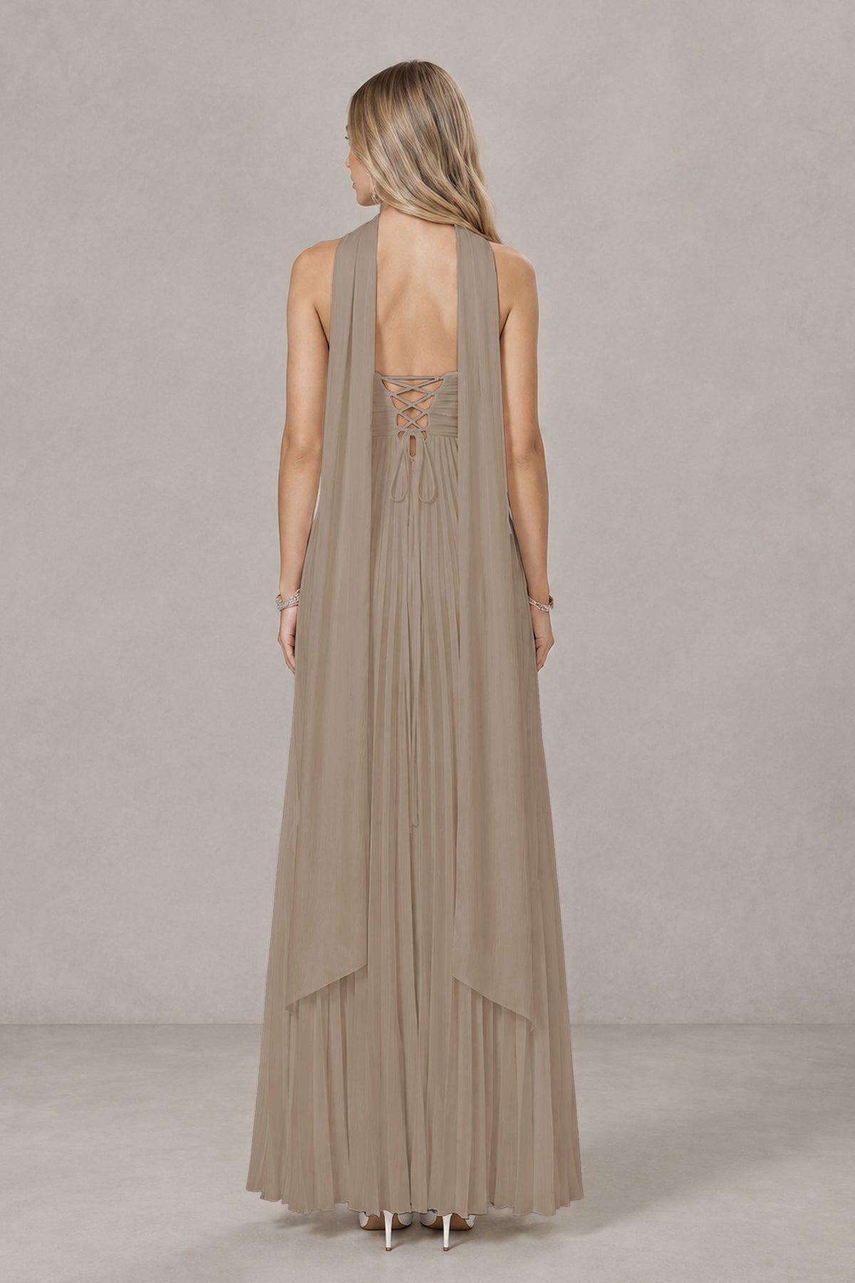 BOLODOO Taupe Strapless Chiffon-Look Maxi Dress with Lace-Up Back & Cape - Taupe