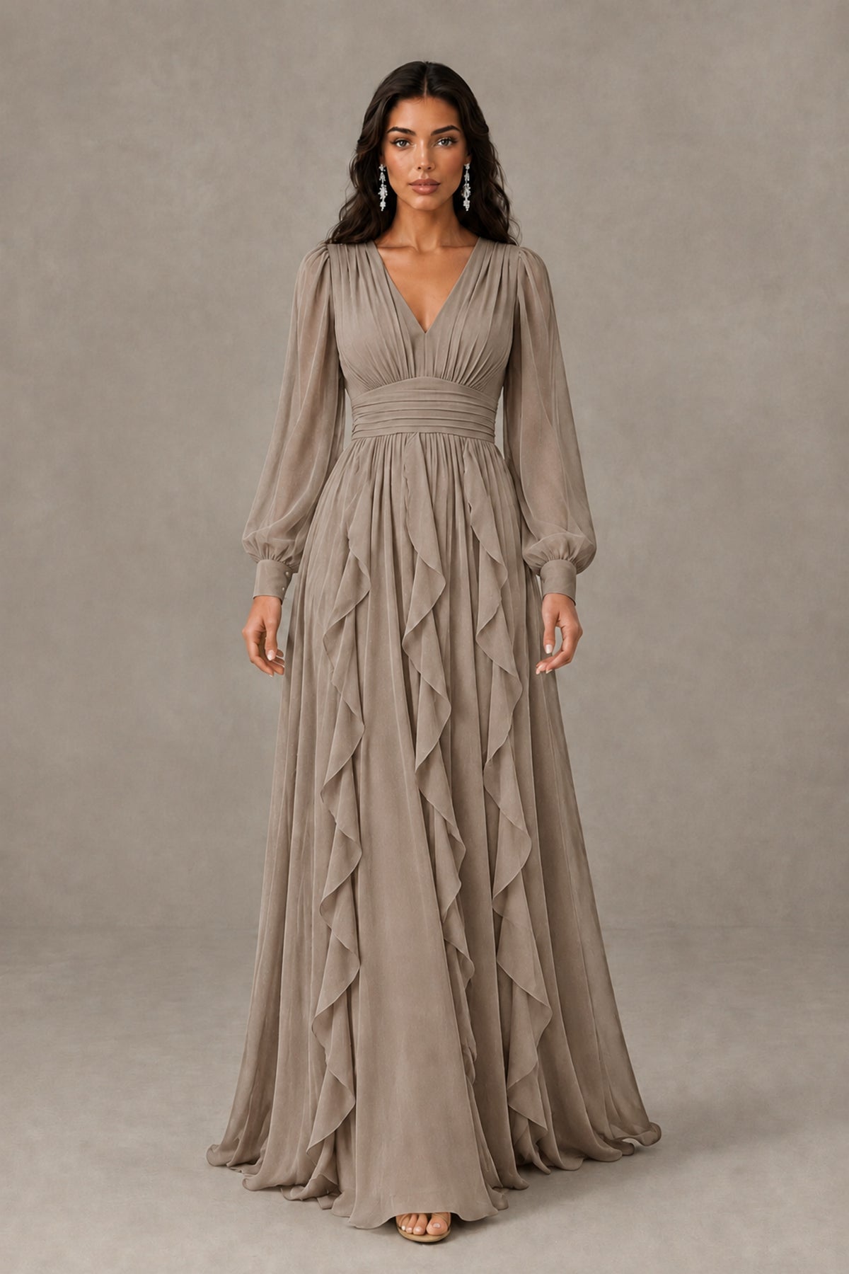 BOLODOO Taupe Long Sleeve V-Neck Ruffle Maxi Dress - Taupe - Taupe (2)