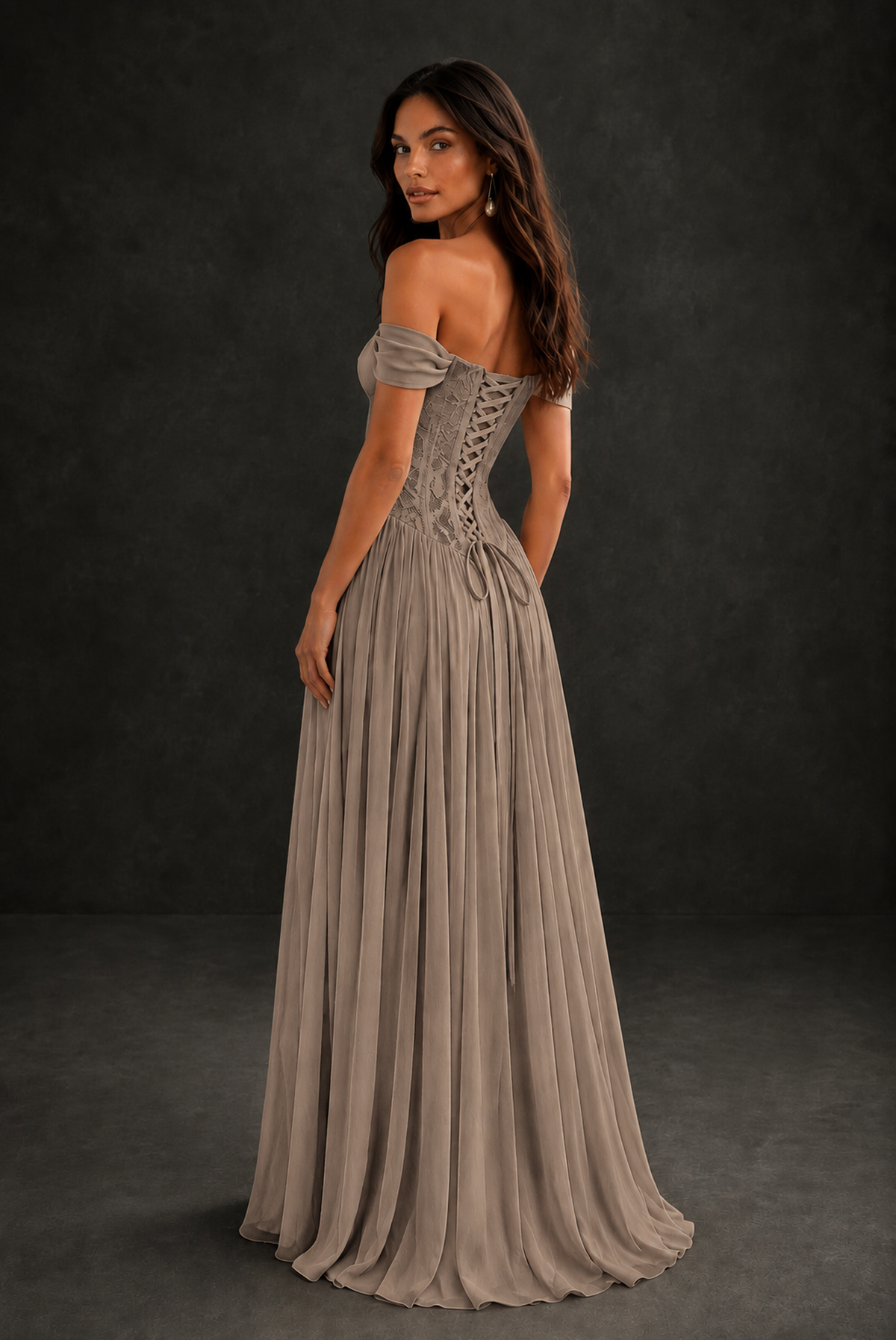 BOLODOO Taupe Off-Shoulder Lace Corset Tulle Maxi Dress - Taupe