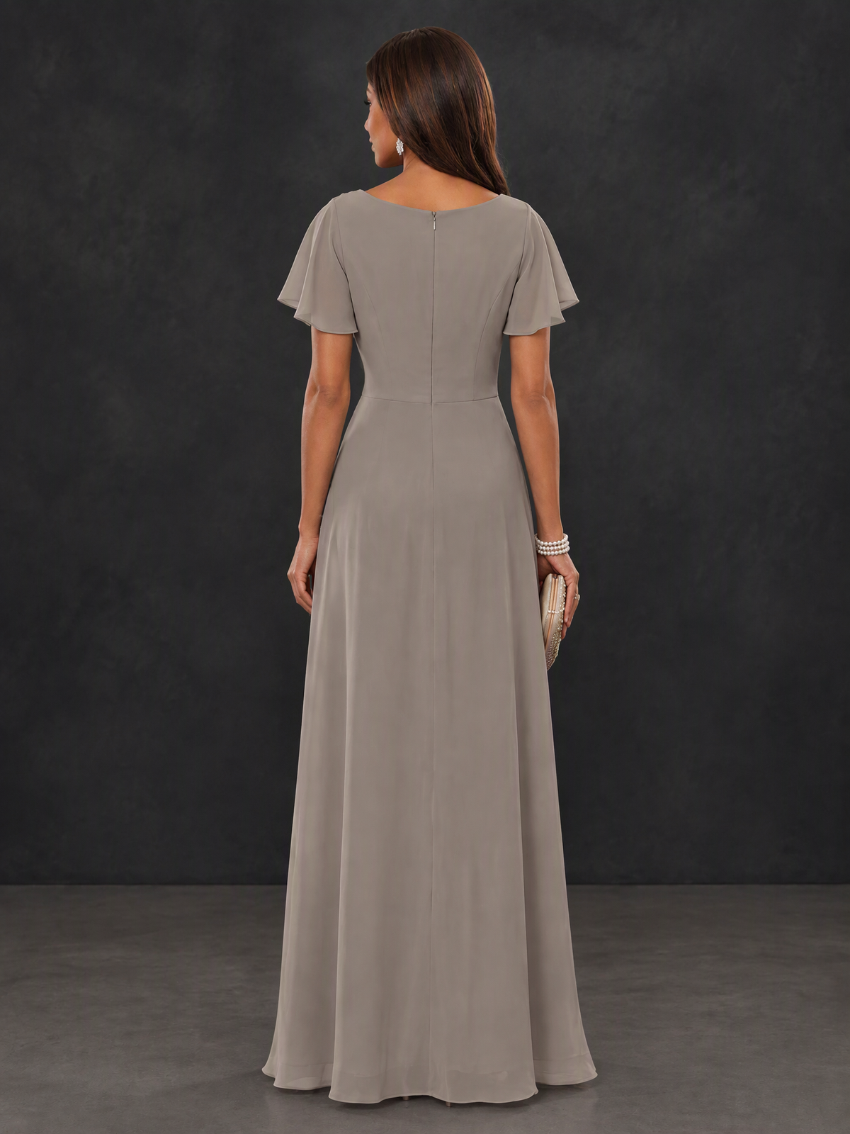 BOLODOO Taupe Floral Flutter Sleeve Mother of the Bride Dress - Taupe