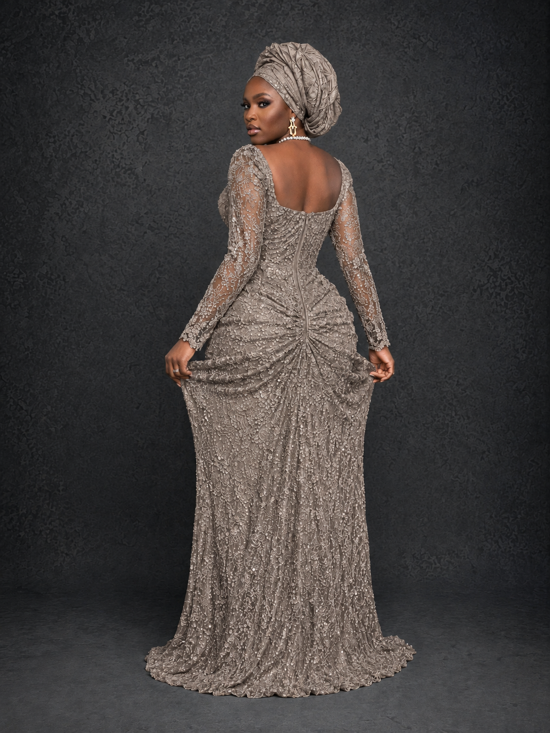 BOLODOO Taupe Beaded Lace Long Sleeve Mermaid Gown Sweetheart | Mother of the Bride - Taupe
