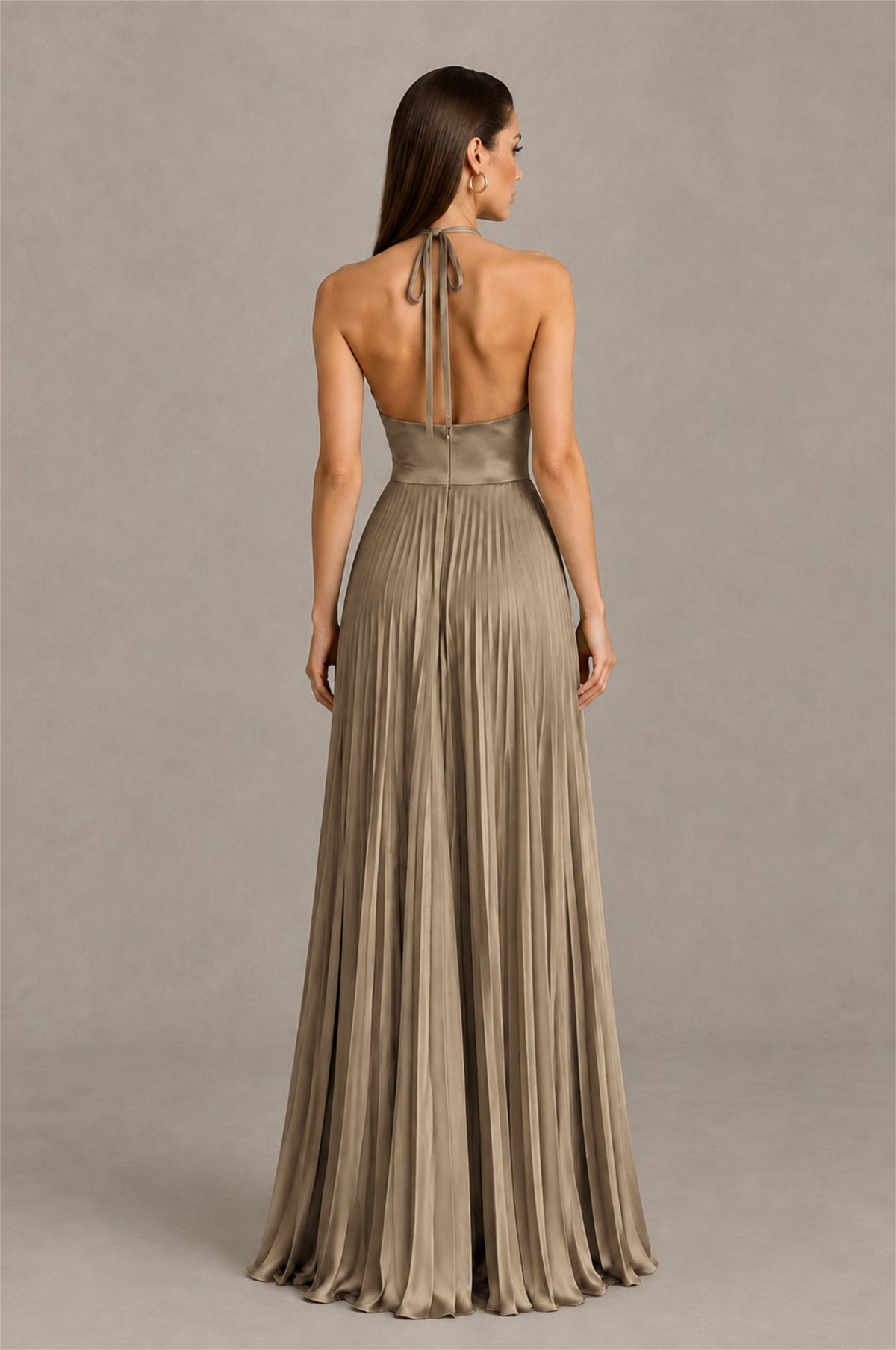 BOLODOO Taupe Halter Pleated A-Line Evening Dress - Taupe - Taupe (2)
