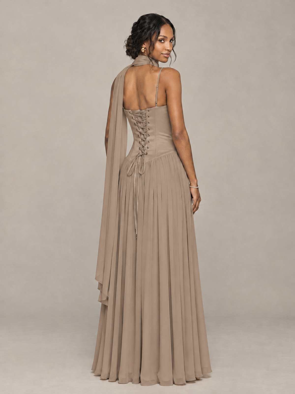 BOLODOO Taupe Corset Bridesmaid Dress with Scarf - Taupe - Taupe (2)