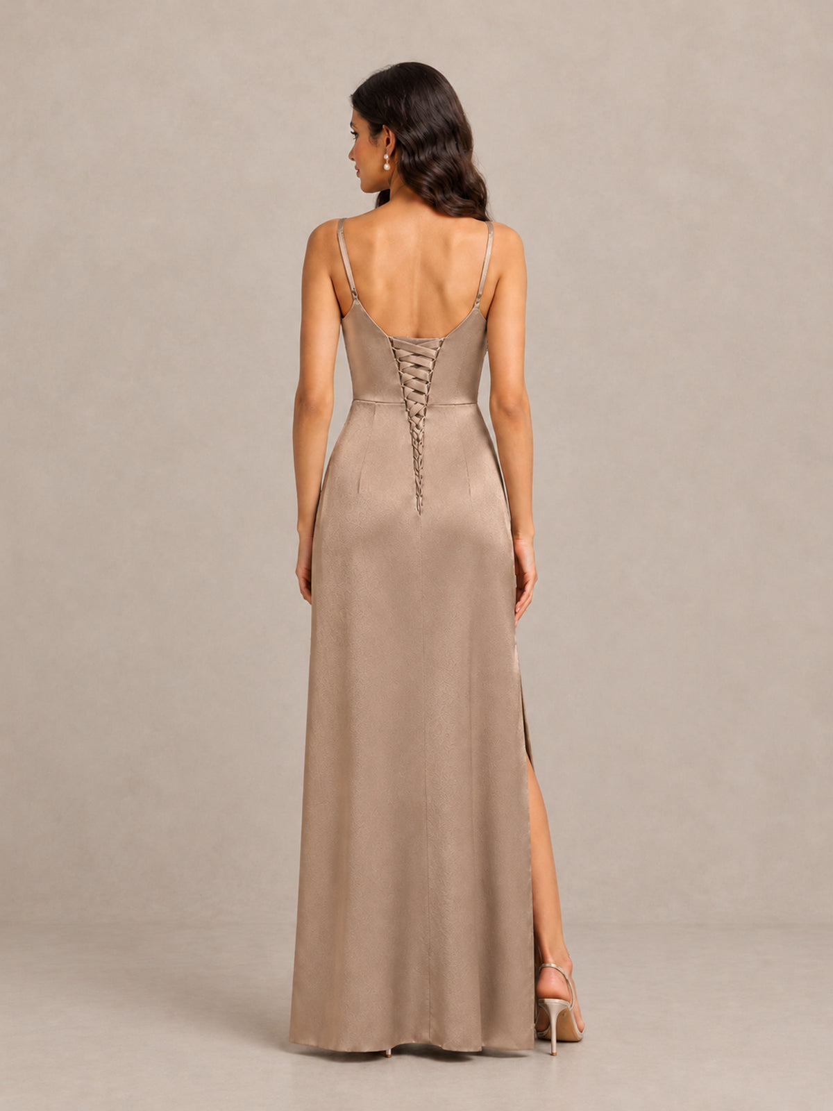 BOLODOO Taupe Cowl Neck Satin Bridesmaid Dress with Slit - Taupe - Taupe (2)
