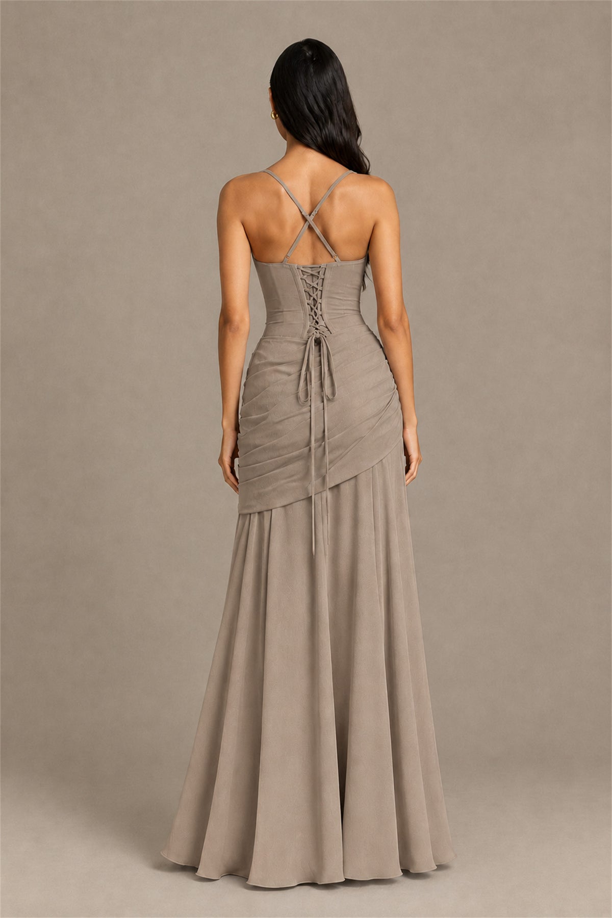 BOLODOO Square Neck Ruched A-Line Maxi Dress - Taupe Backless Evening Gown - Taupe